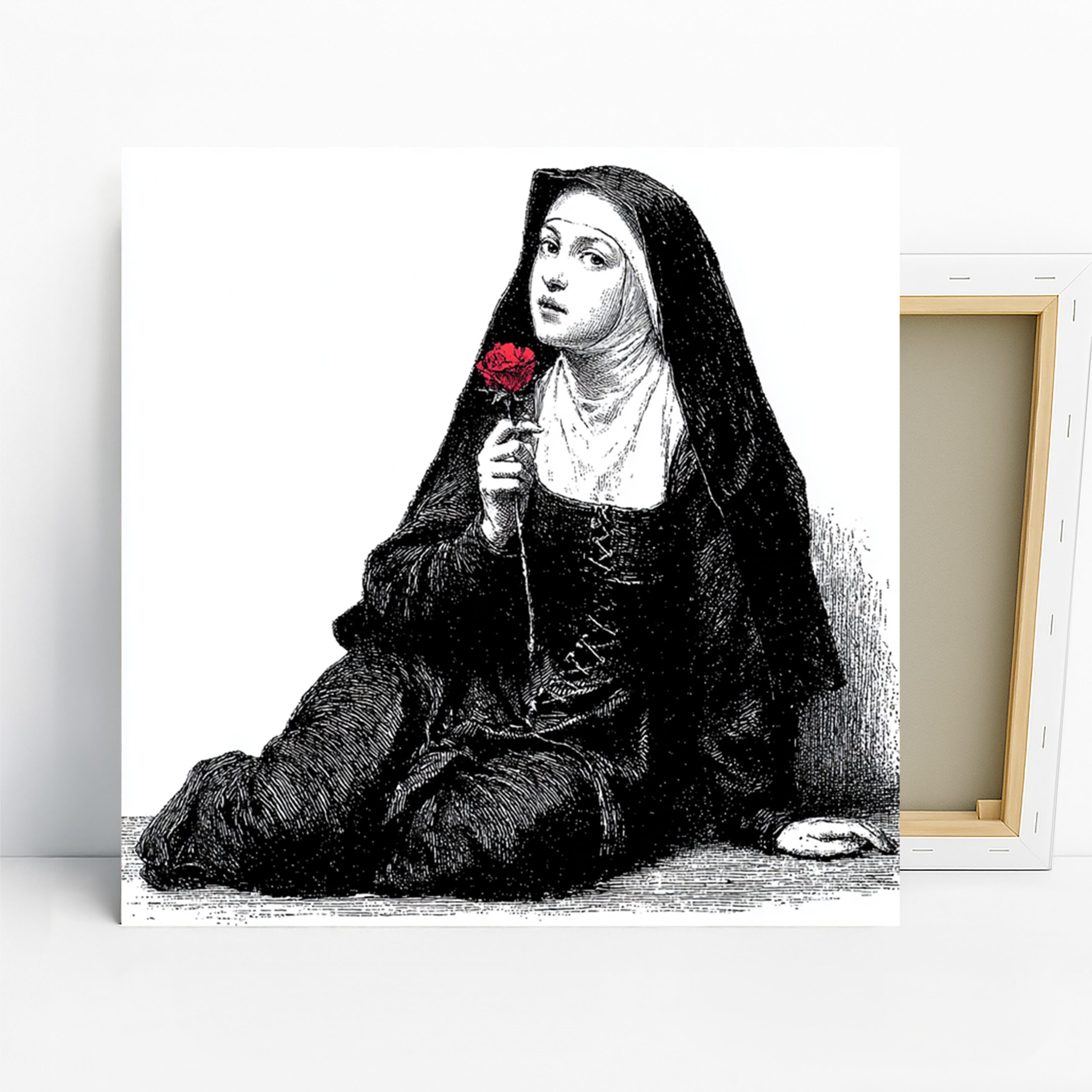 Nun with Rose Art, Canvas or Poster, Classic Vintage Decor, Living Room Bedroom Library Office Wall Art, Black White Red