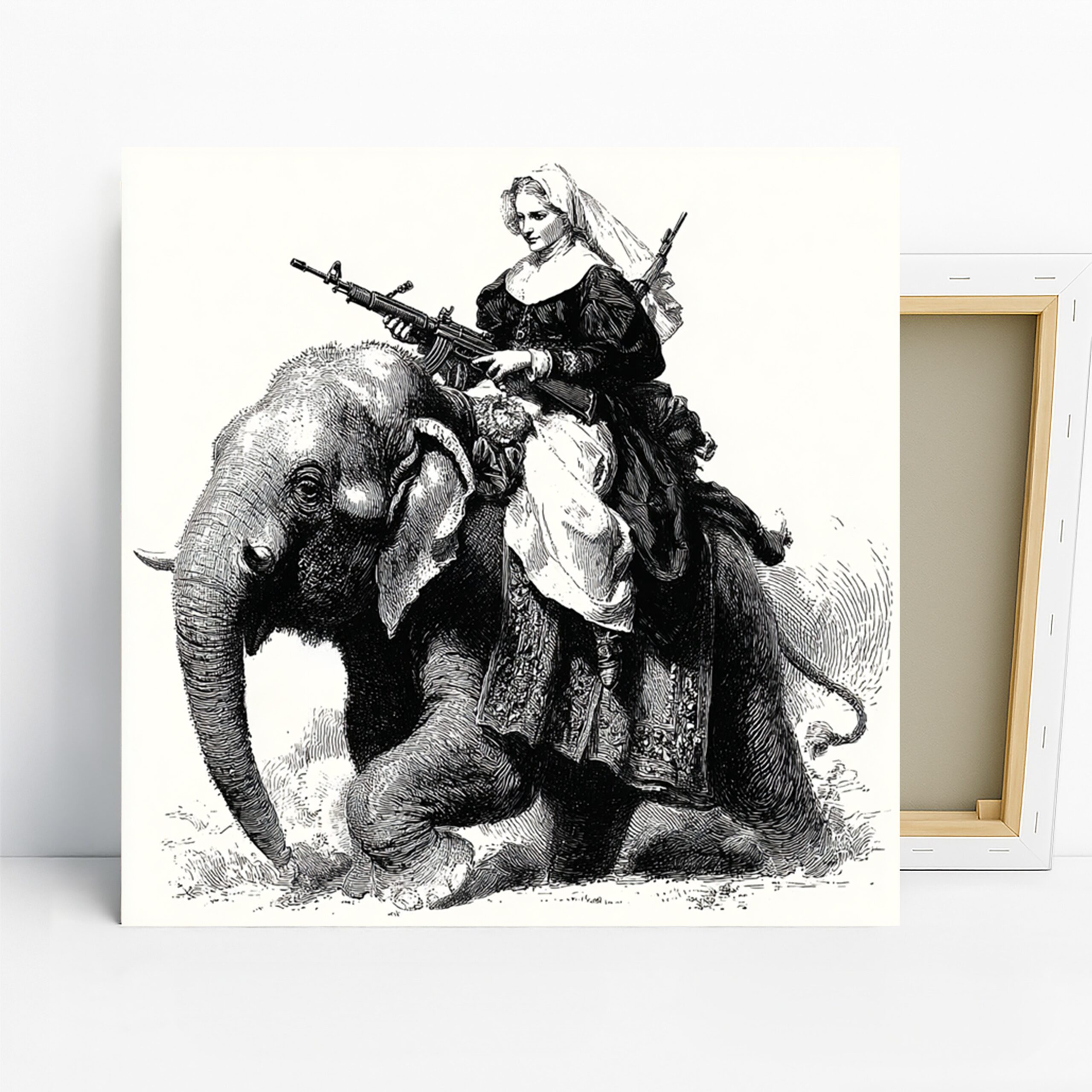 Elephant Art, Canvas or Poster, Vintage Surrealism Decor, Living Room Office Game Room Wall Art, Black White Grey Brown