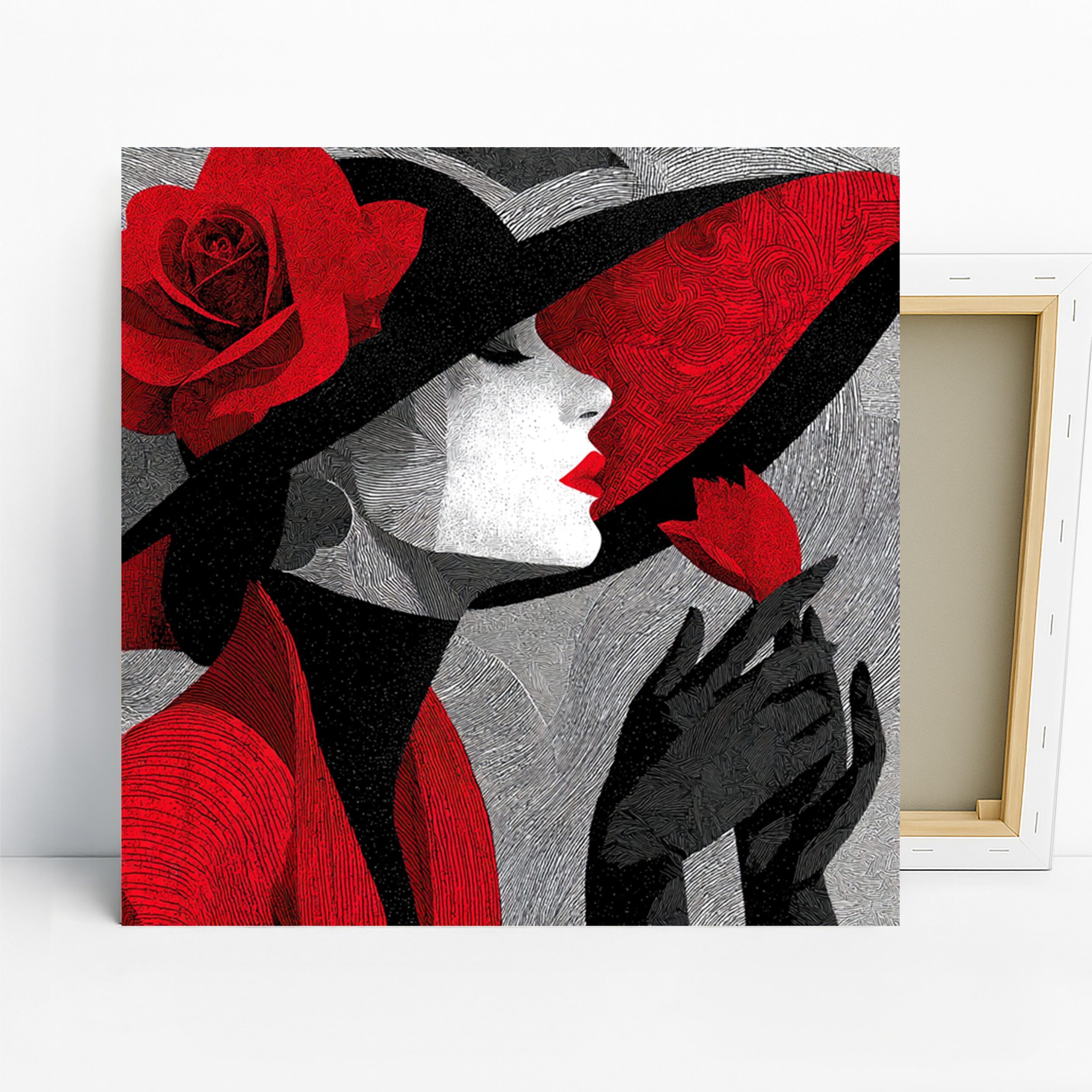 Elegant Red Hat Lady Art, Canvas or Poster, Contemporary Glam Decor, Bedroom Living Room Dining Room Office Wall Art, Red Black White