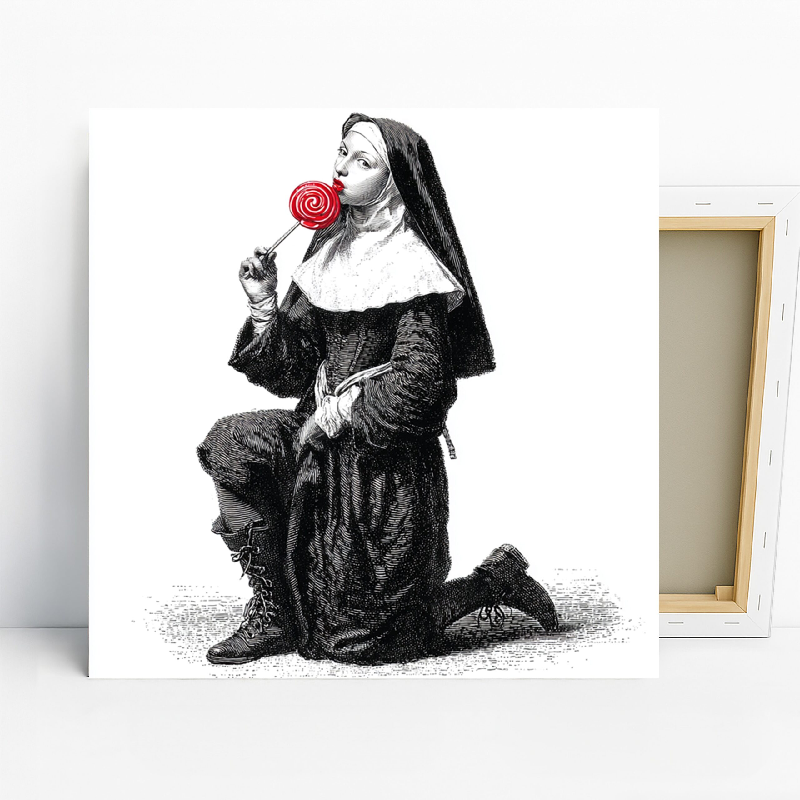 Nun Lollipop Art, Canvas or Poster, Vintage Whimsical Decor, Living Room Office Bedroom Wall Art, Black White Red, Gothic Home Decor