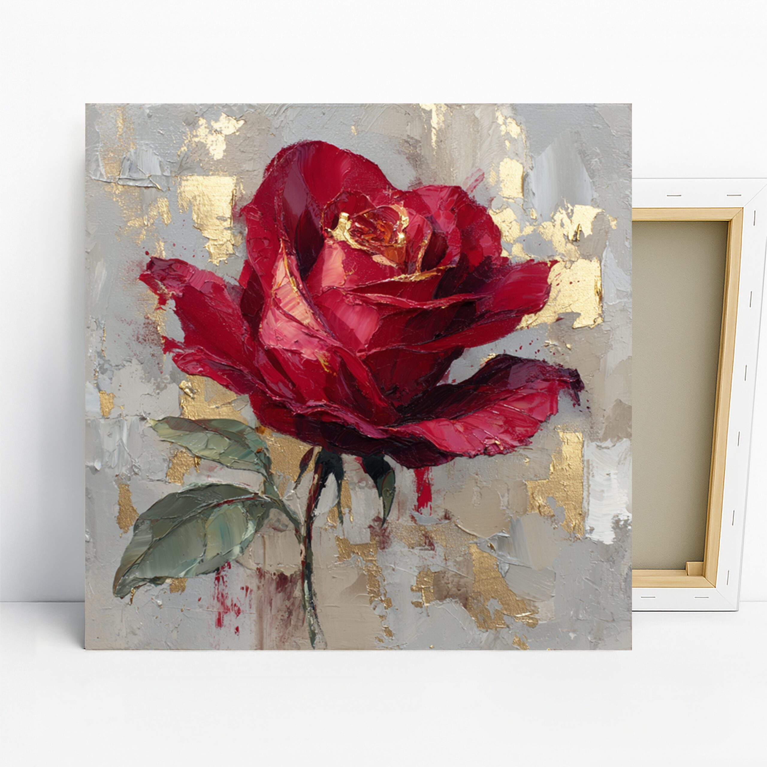 Red Rose Art, Canvas or Poster, Floral Modern Glamorous Decor, Living Room Bedroom Dining Room Wall Art, Grey Gold Green Red