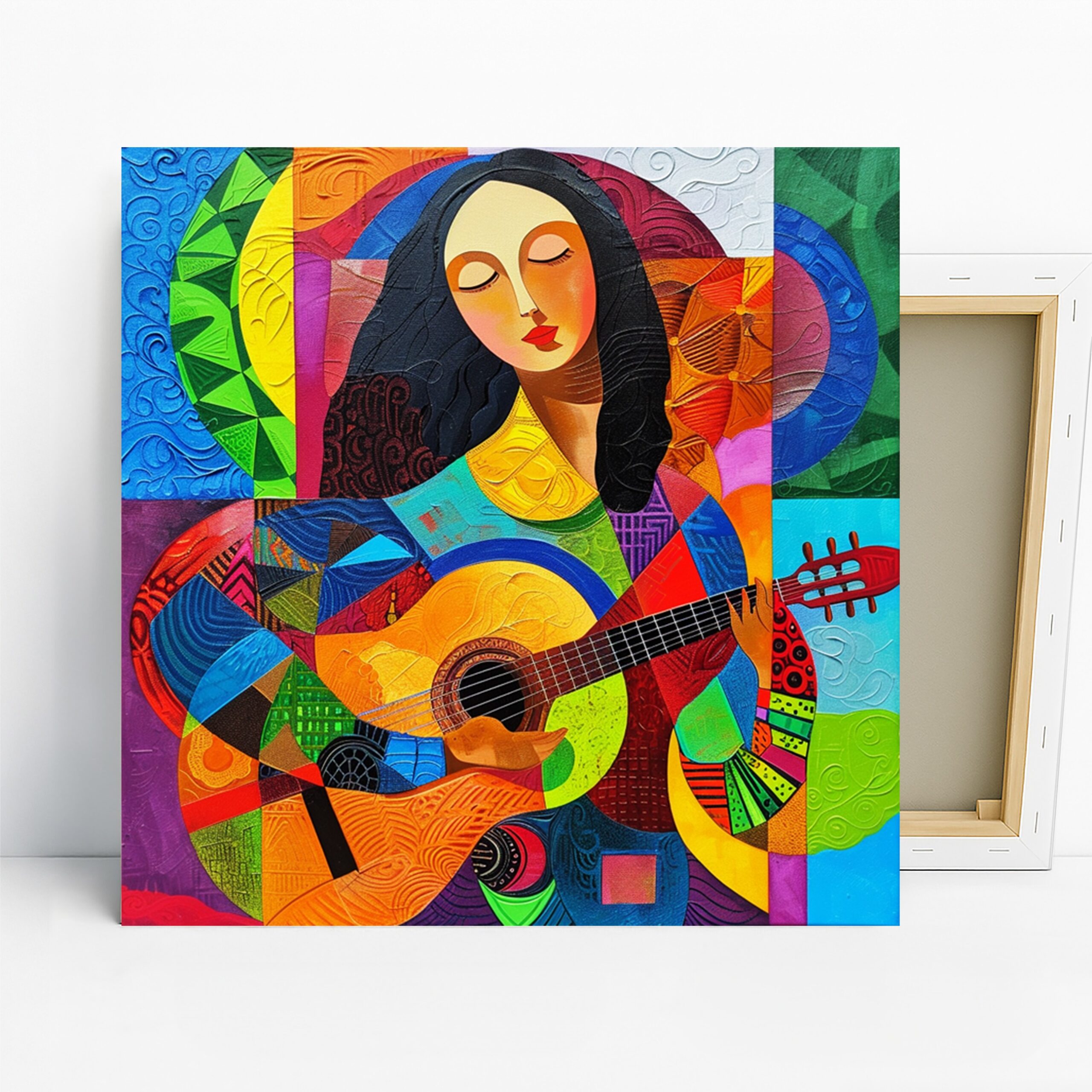 Guitar Serenade Art, Canvas or Poster, Contemporary Bohemian Decor, Living Room Bedroom Music Room Wall Art, Multicolor Blue Red Yellow