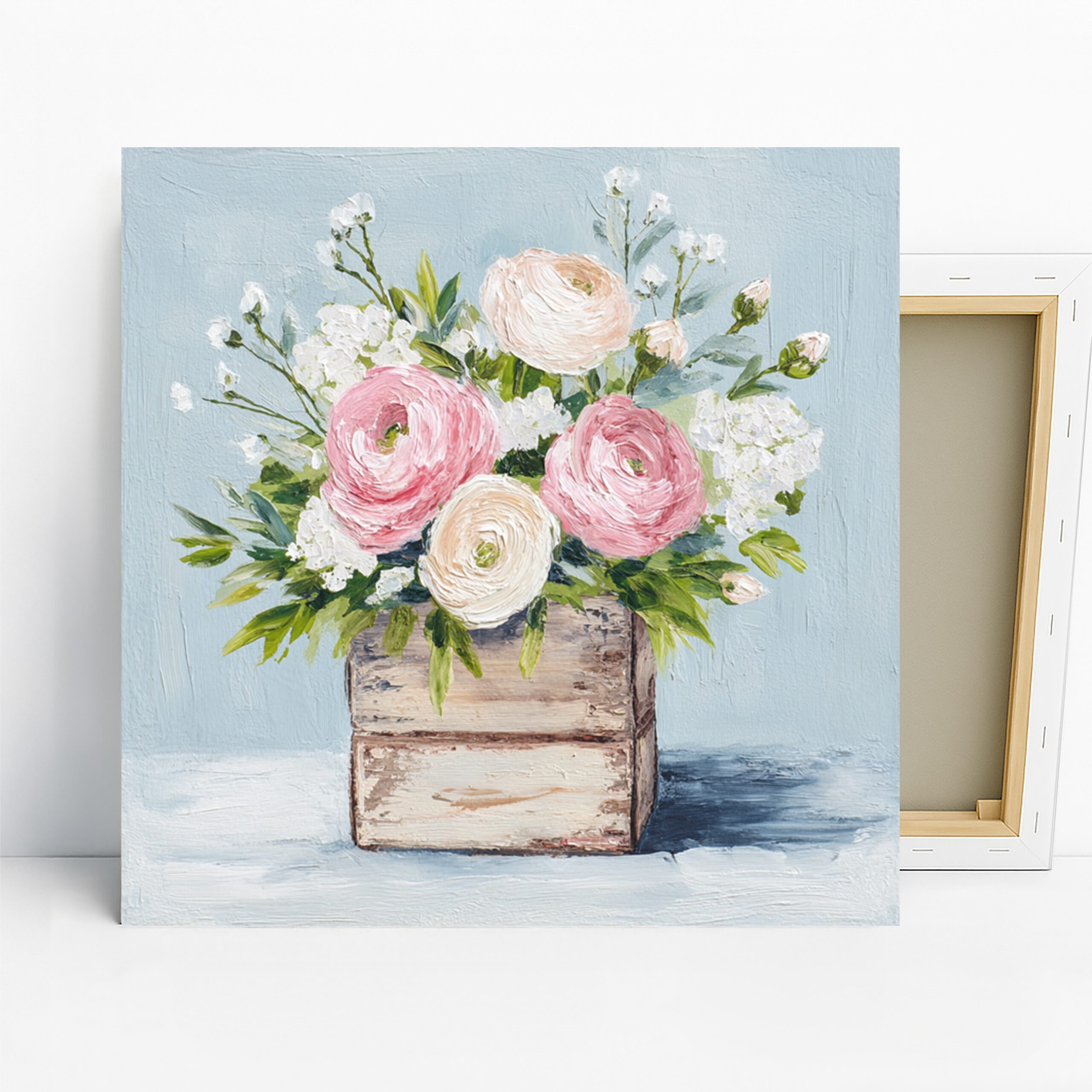 Rustic Ranunculus Bouquet Art, Canvas or Poster, Floral Vintage Decor, Living Room Bedroom Dining Room Wall Art, Pink White Green Beige