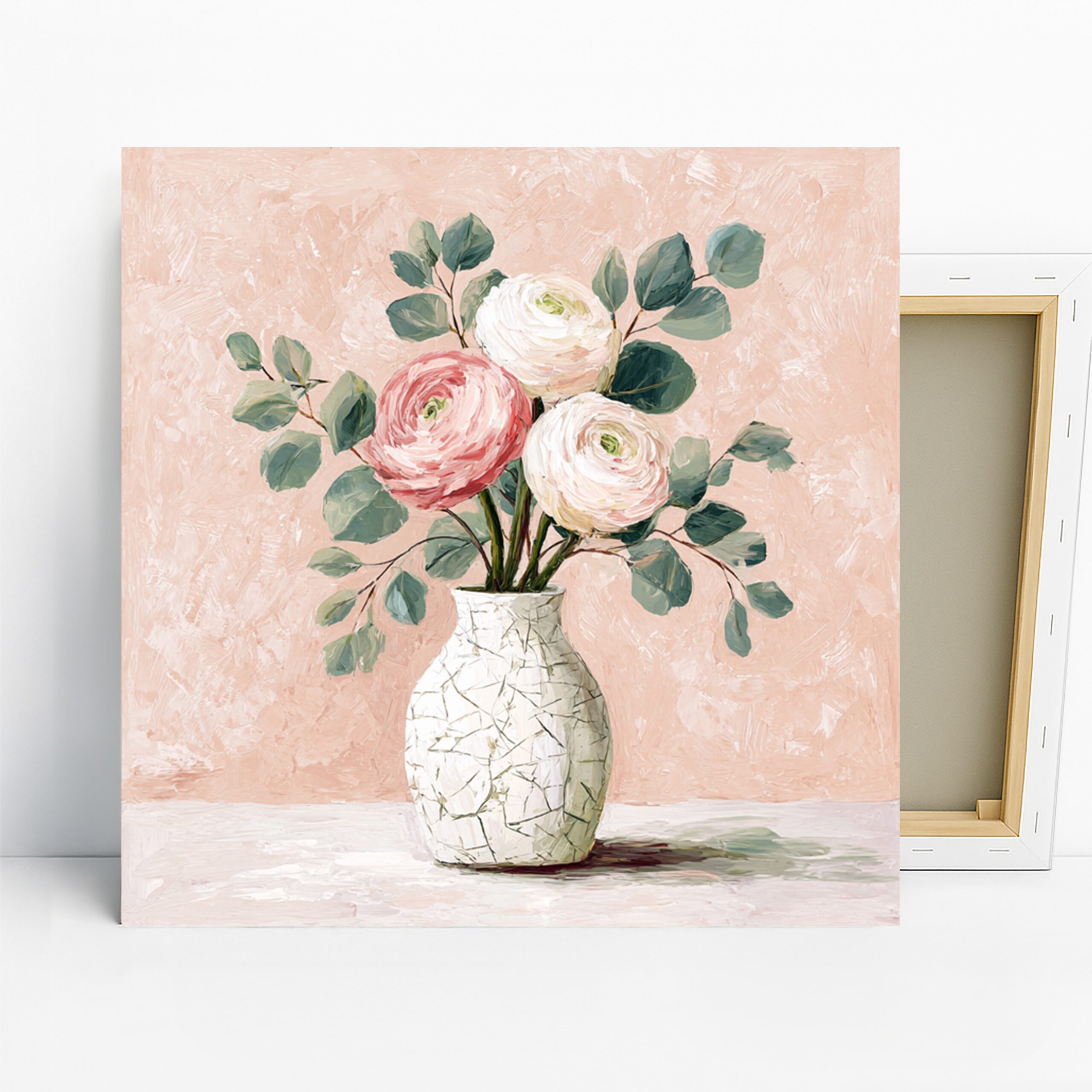 Ranunculus Bouquet Art, Canvas or Poster, Floral Vintage Decor, Living Room Bedroom Dining Room Wall Art, Pink White Green Beige