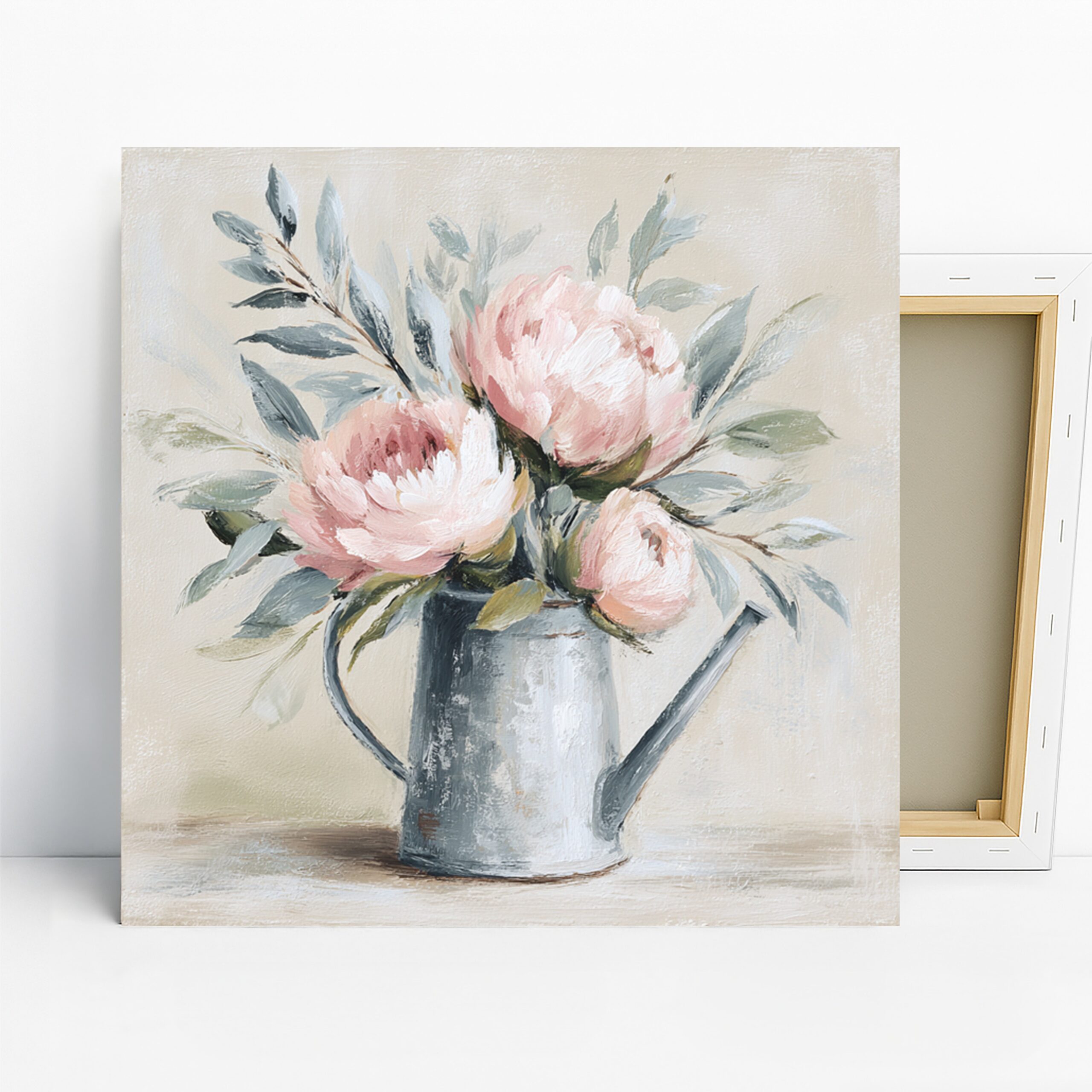 Peony Watering Can Art, Canvas or Poster, Vintage Floral Decor, Living Room Bedroom Bathroom Wall Art, Pink Green Grey and White