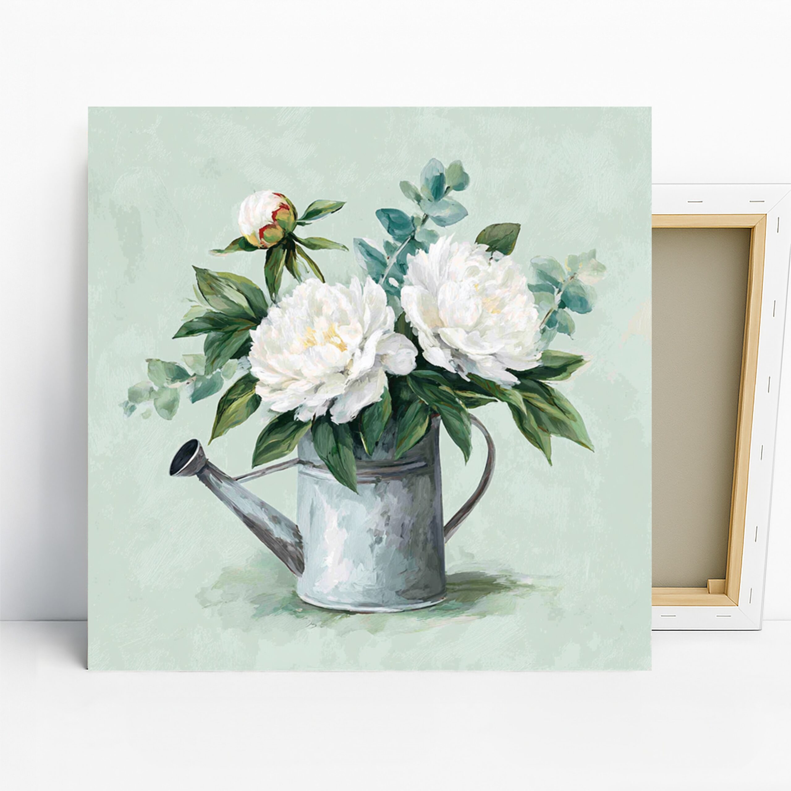 Peony Watering Can Art, Canvas or Poster, Floral Classic Farmhouse Decor, Living Room Bedroom Dining Room Wall Art, White Green Grey