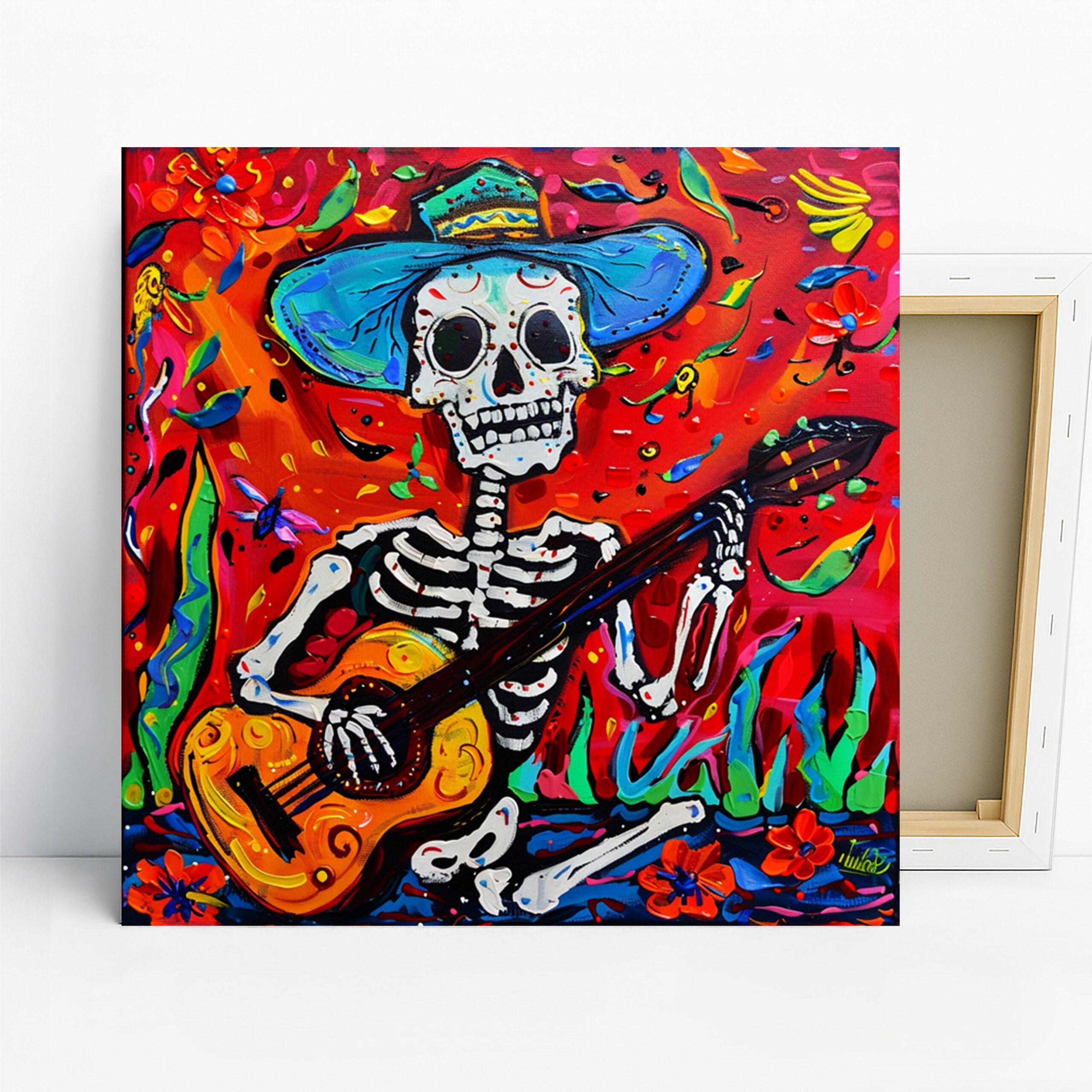 Day of the Dead Guitar Skeleton Art, Canvas or Poster, Pop Art Whimsical Decor, Living Room Home Game Room Wall Art, Red Blue Yellow White