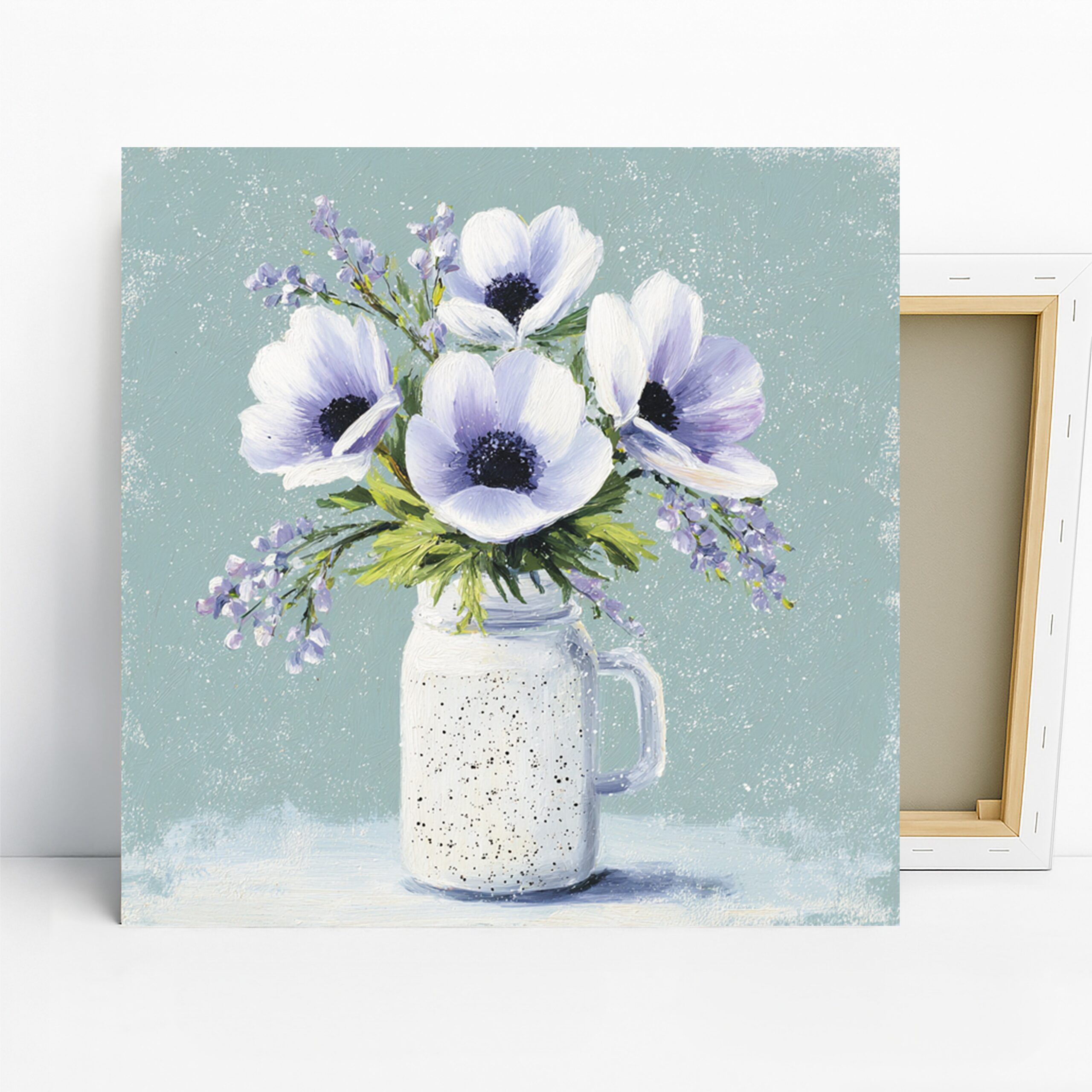 Anemone Bouquet Art, Canvas or Poster, Floral Farmhouse Decor, Living Room Bedroom Bathroom Wall Art, White Purple Green Blue