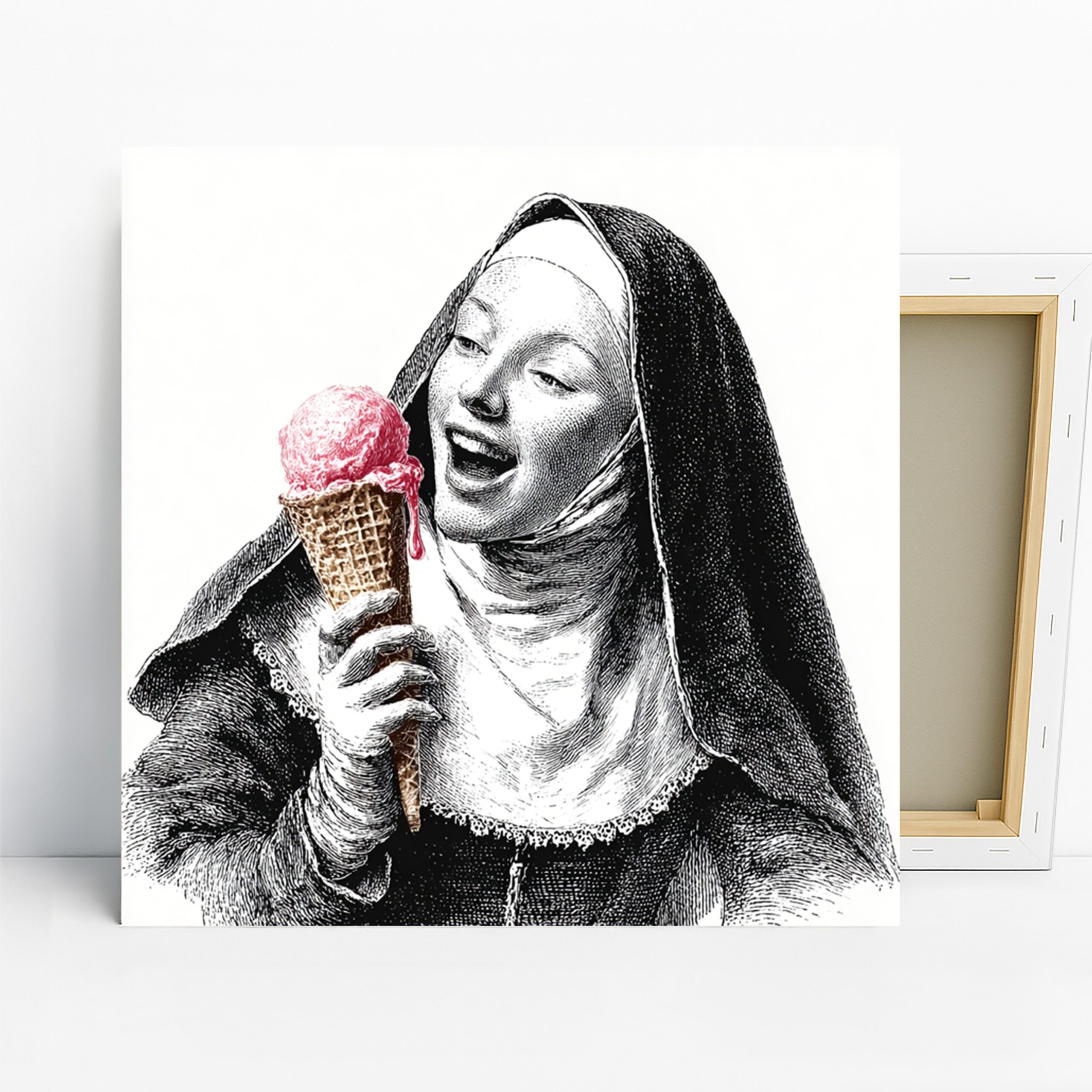 Joyful Nun Ice Cream Art, Canvas or Poster, Whimsical Vintage Religious Decor, Kitchen Dining Room Office Wall Art, Black White Pink Brown