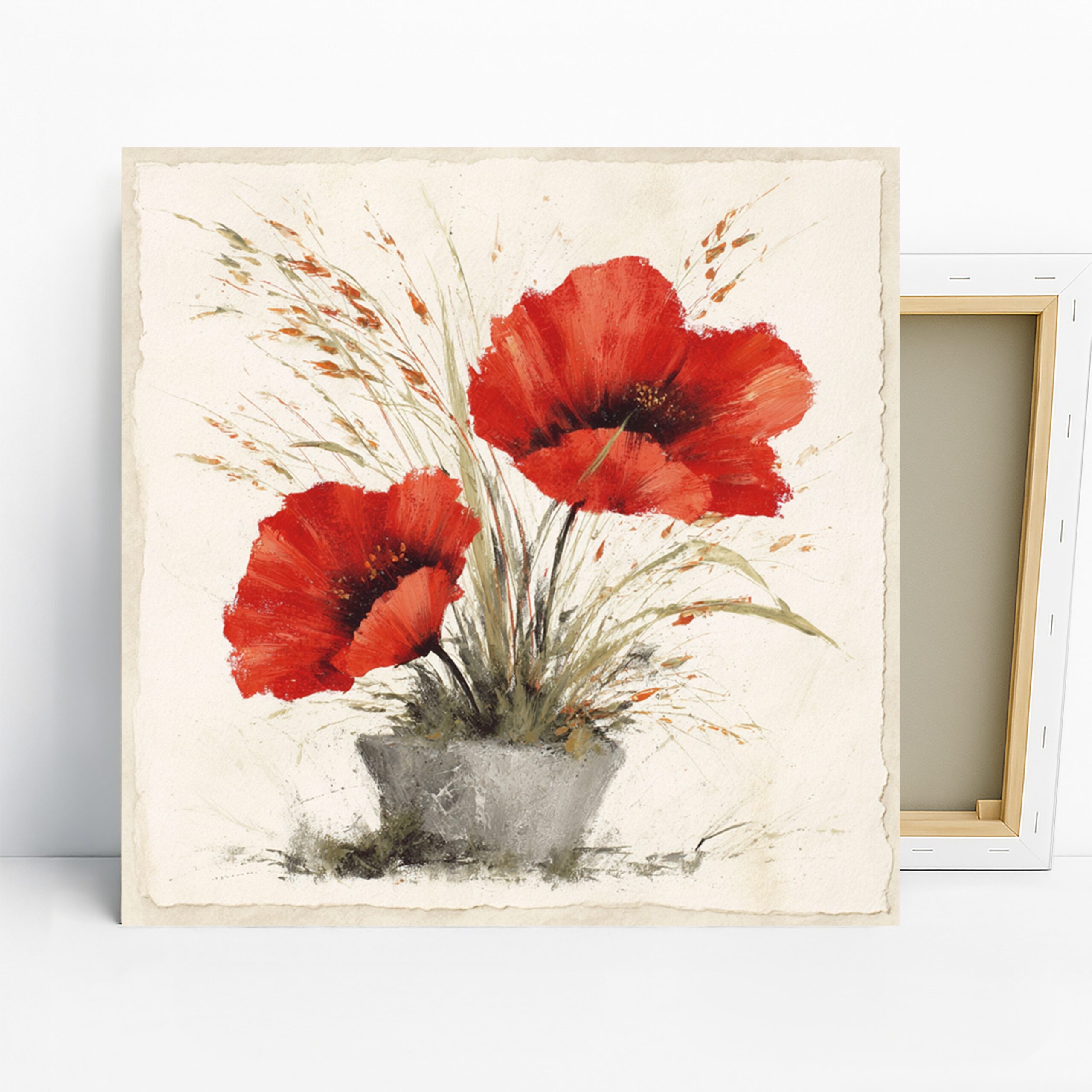 Red Poppy Art, Canvas or Poster, Floral Contemporary Decor, Living Room Bedroom Dining Room Office Wall Art, Red Green White and Grey