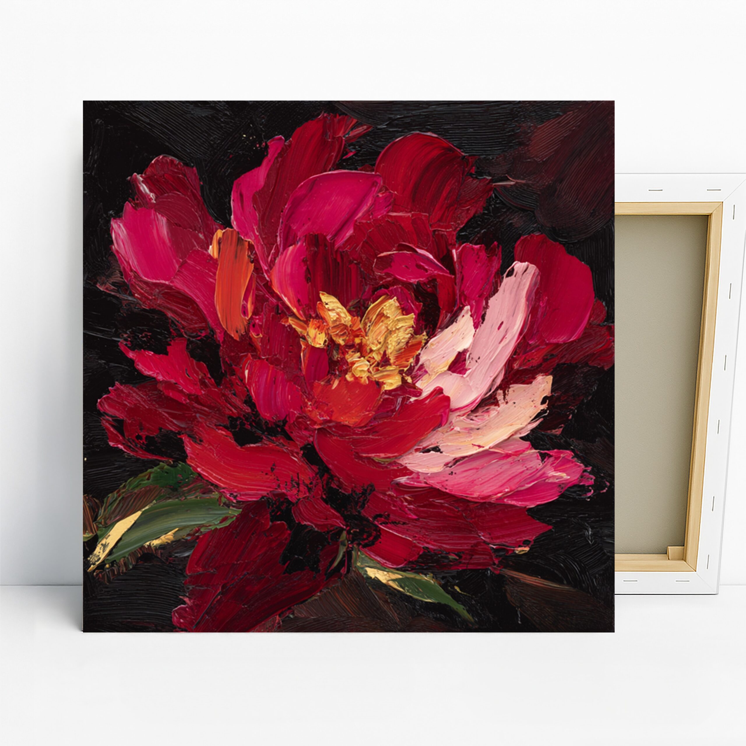 Vibrant Red Peony Art, Canvas or Poster, Contemporary Floral Glam Decor, Living Room Bedroom Dining Room Wall Art, Red Pink Green Gold