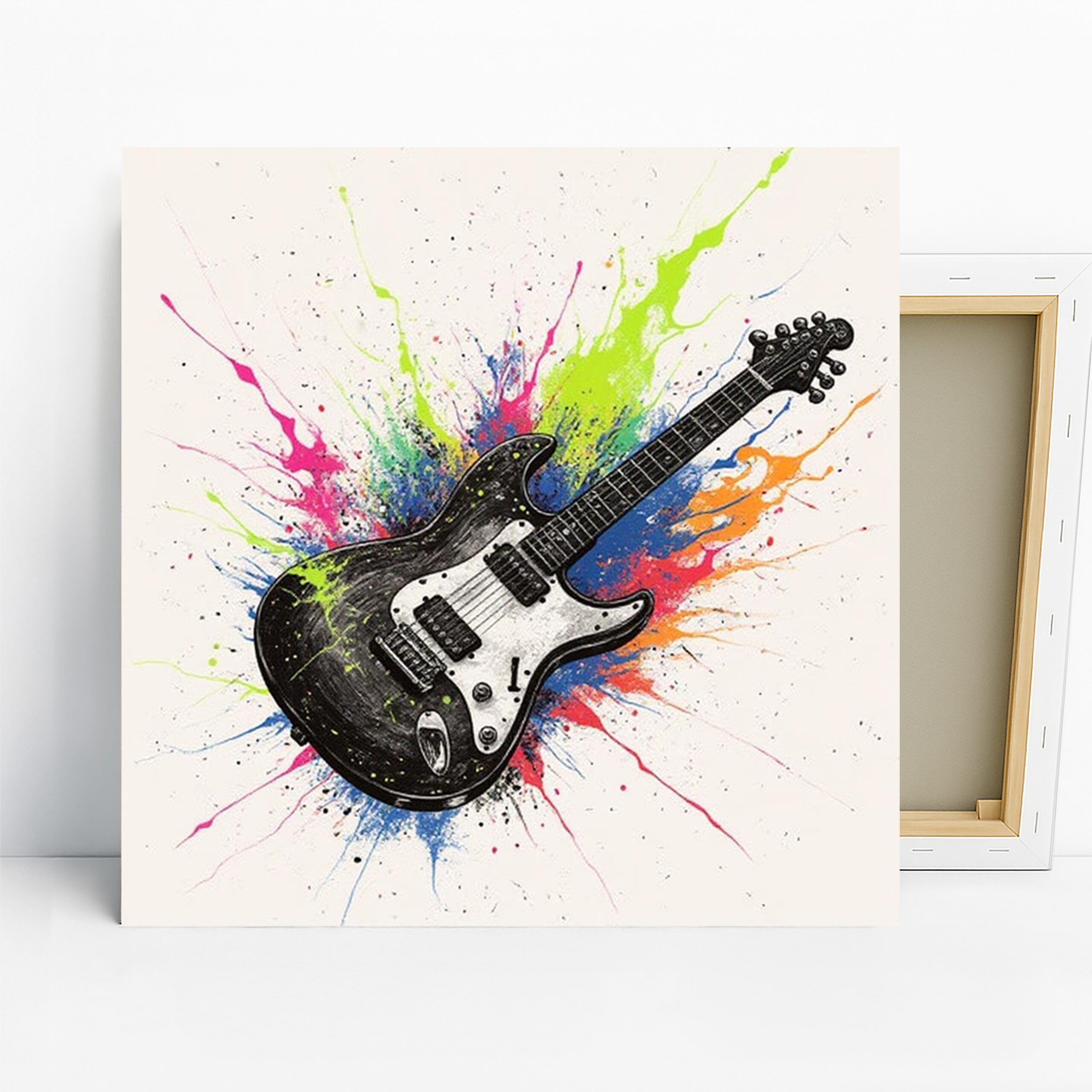 Electric Guitar Splash Art, Canvas or Poster, Contemporary Minimalist Decor, Living Room Bedroom Office Wall Art,Black Multicolor Green Pink