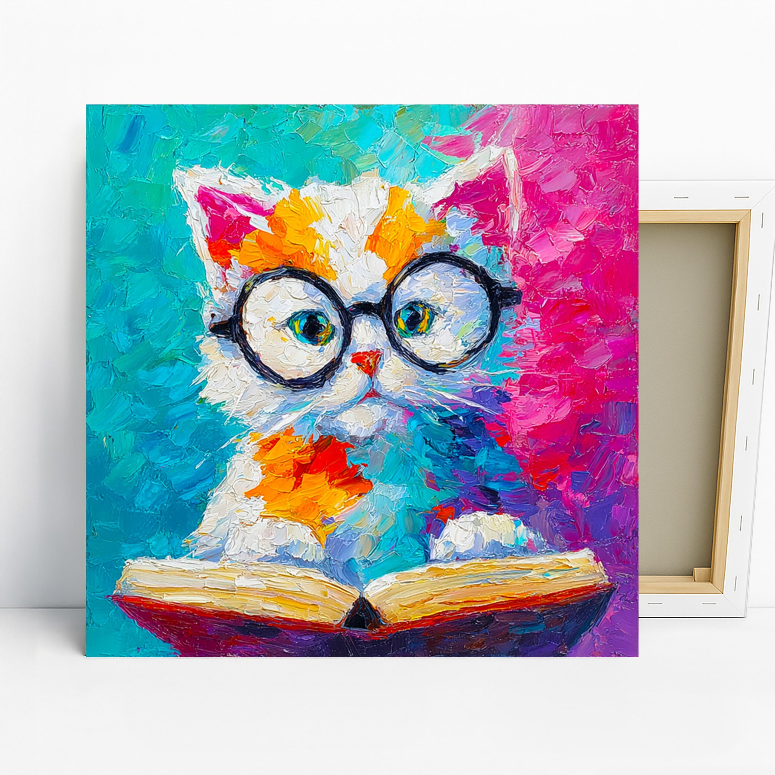 Cat Art, Canvas or Poster, Whimsical Modern Decor, Office Library Children’s Room Living Room Wall Art, White Blue Pink Orange
