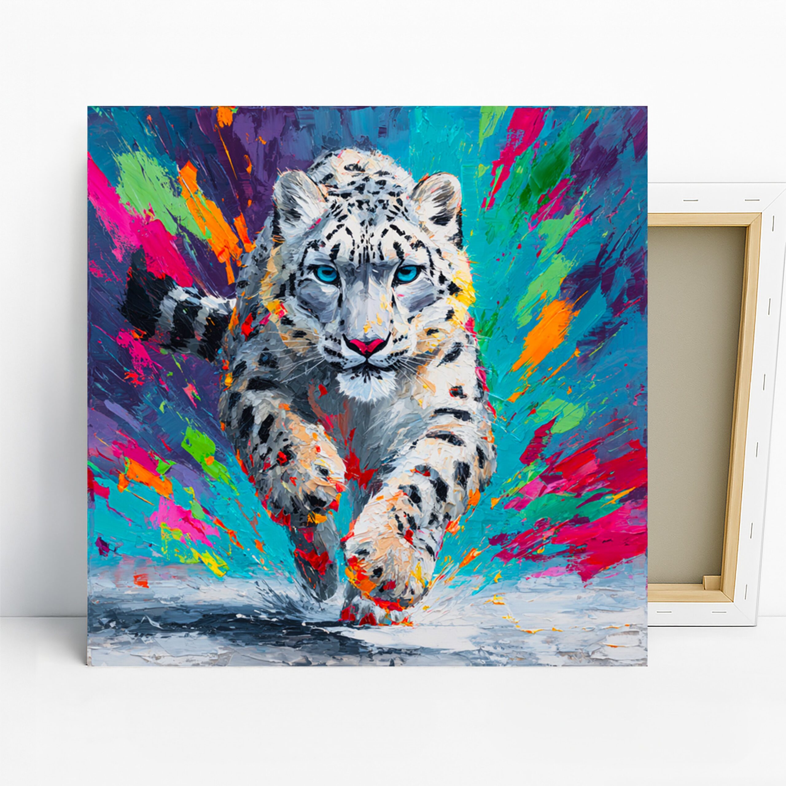 Snow Leopard Art, Canvas or Poster, Contemporary Pop Art Decor, Living Room Bedroom Office Game Room Wall Art, Blue Multicolor White