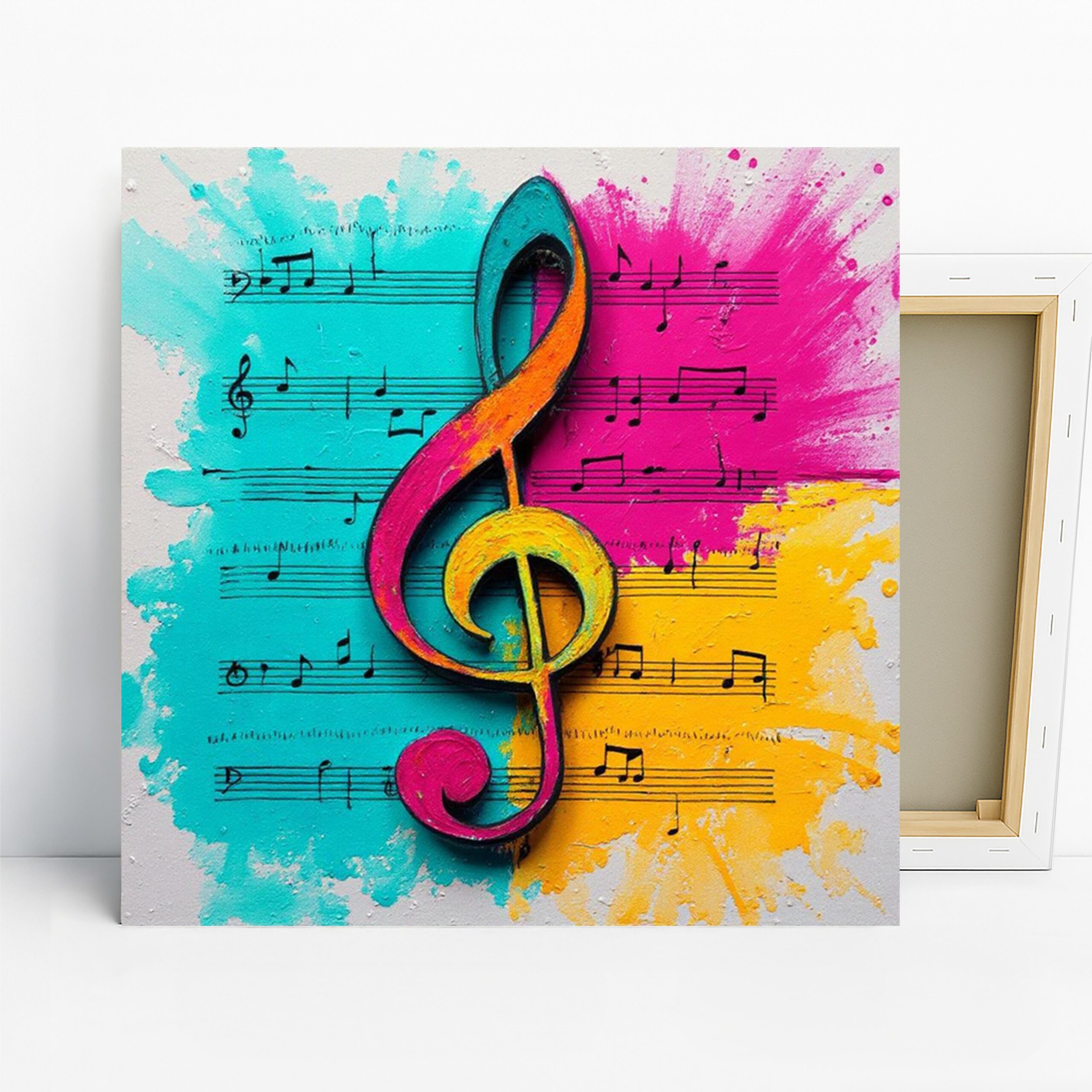 Treble Clef Art, Canvas or Poster, Music Contemporary Decor, Living Room Bedroom Home Office Wall Art, Pink Turquoise Yellow Orange