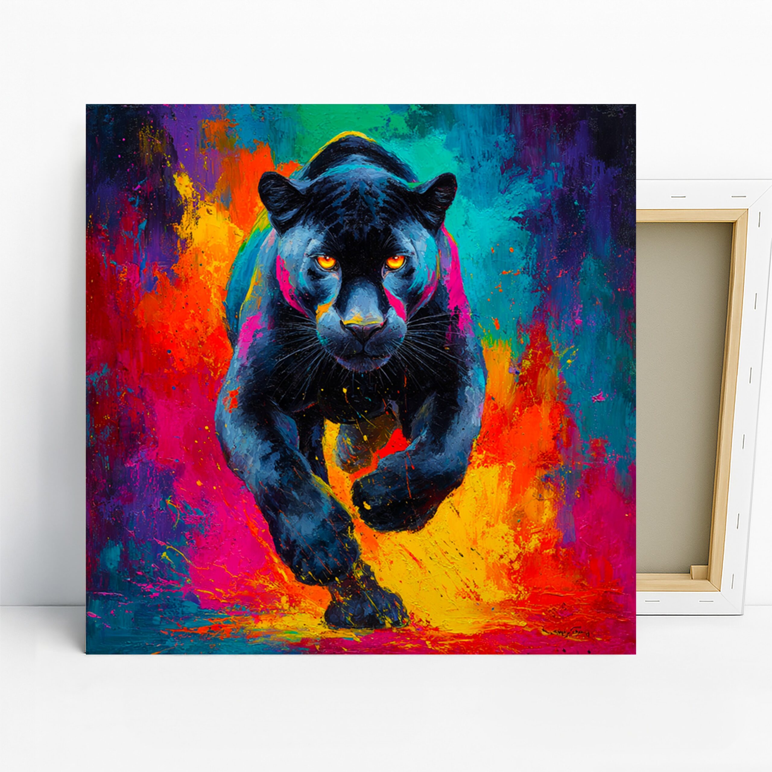 Panther Art, Canvas or Poster, Contemporary Bohemian Decor, Living Room Bedroom Office Game Room Wall Art, Black Blue Orange Pink