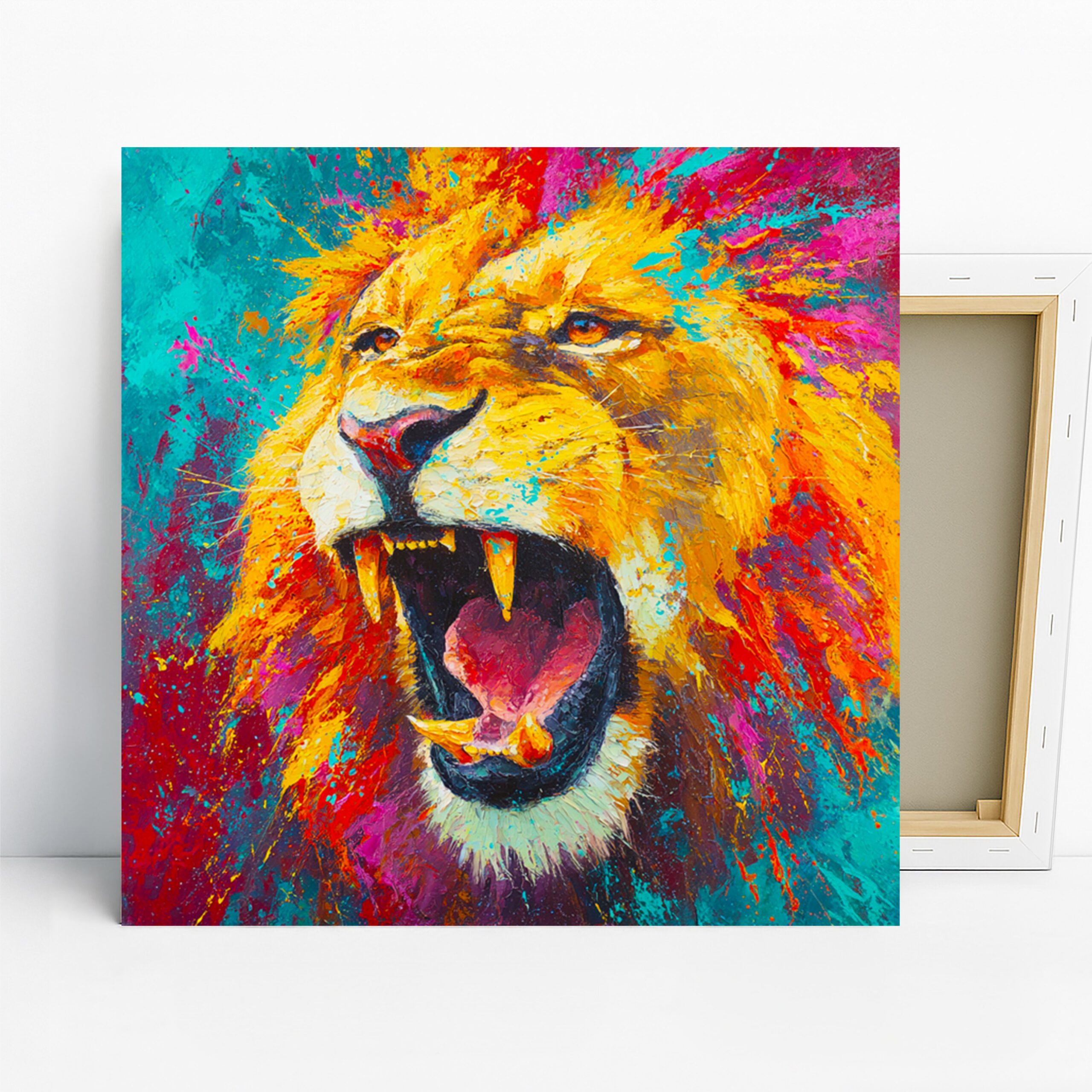 Roaring Lion Art, Canvas or Poster, Contemporary Pop Art Decor, Living Room Bedroom Office Game Room Wall Art, Yellow Red Turquoise Orange