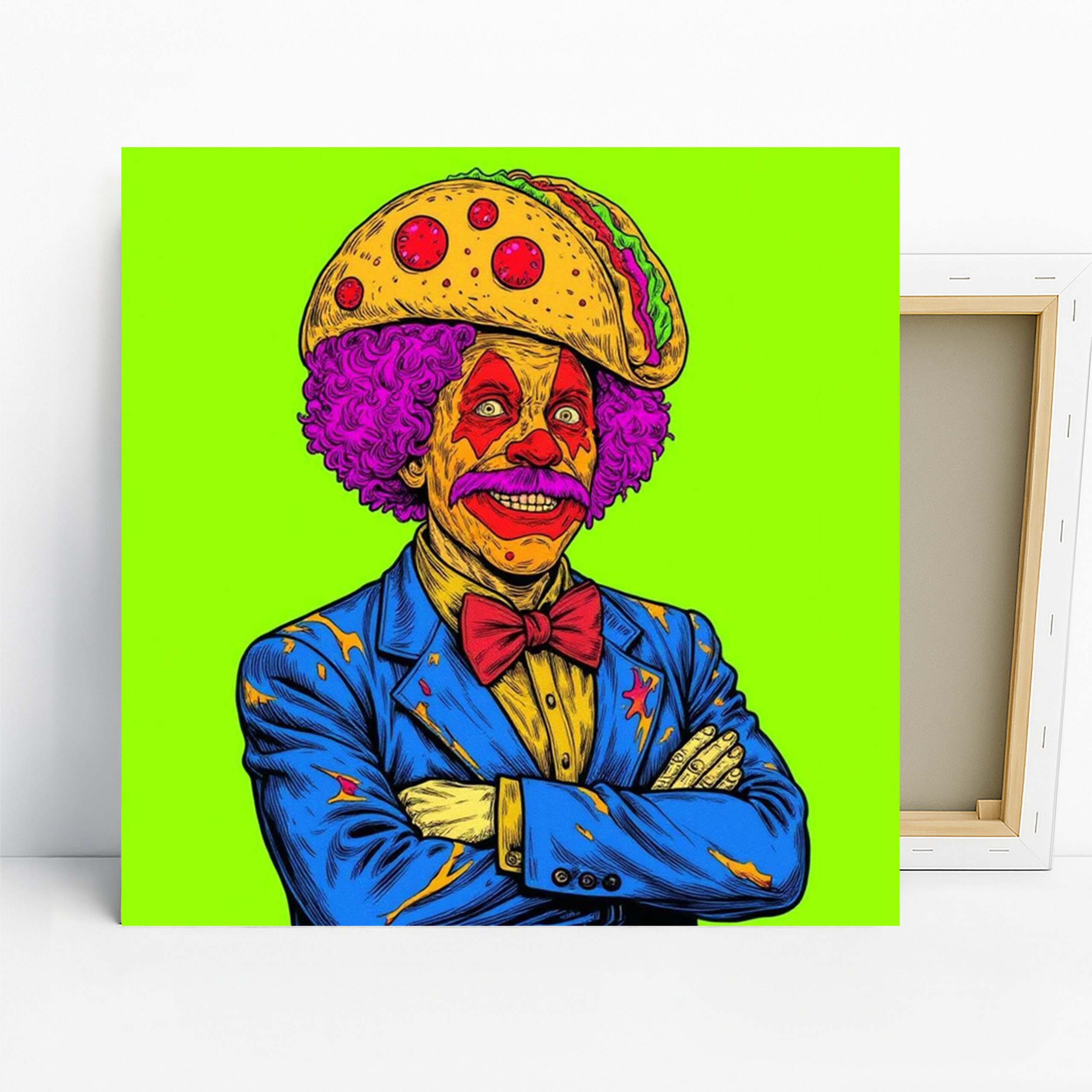 Taco Clown Fusion Art, Canvas or Poster, Pop Art Whimsical Decor, Kitchen Dining Room Game Room Wall Art, Blue Purple Yellow Red