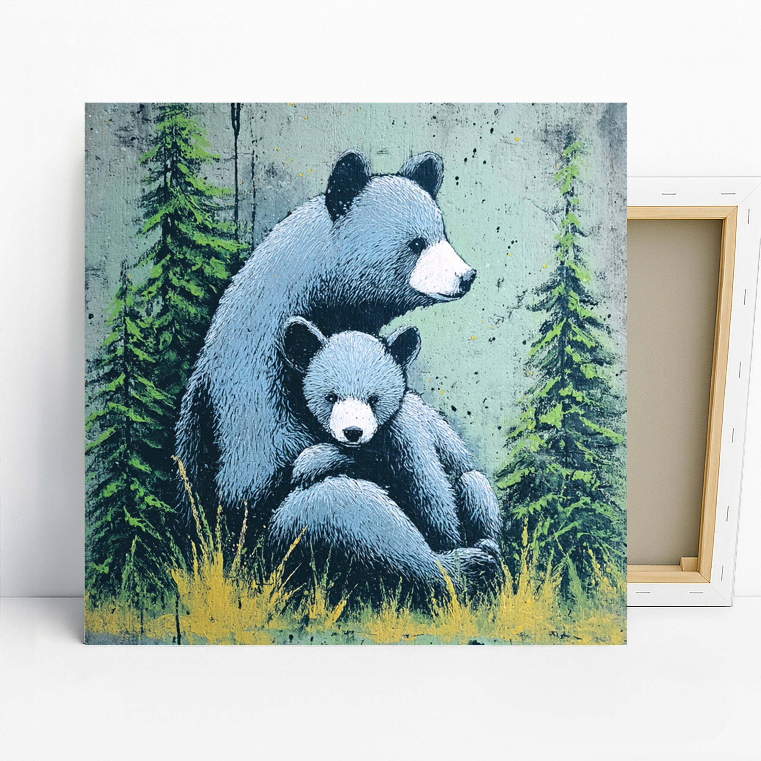 Bear Family Art, Canvas or Poster, Nature Rustic Modern Decor, Living Room Bedroom Nursery Office Wall Art, Grey Green White Black