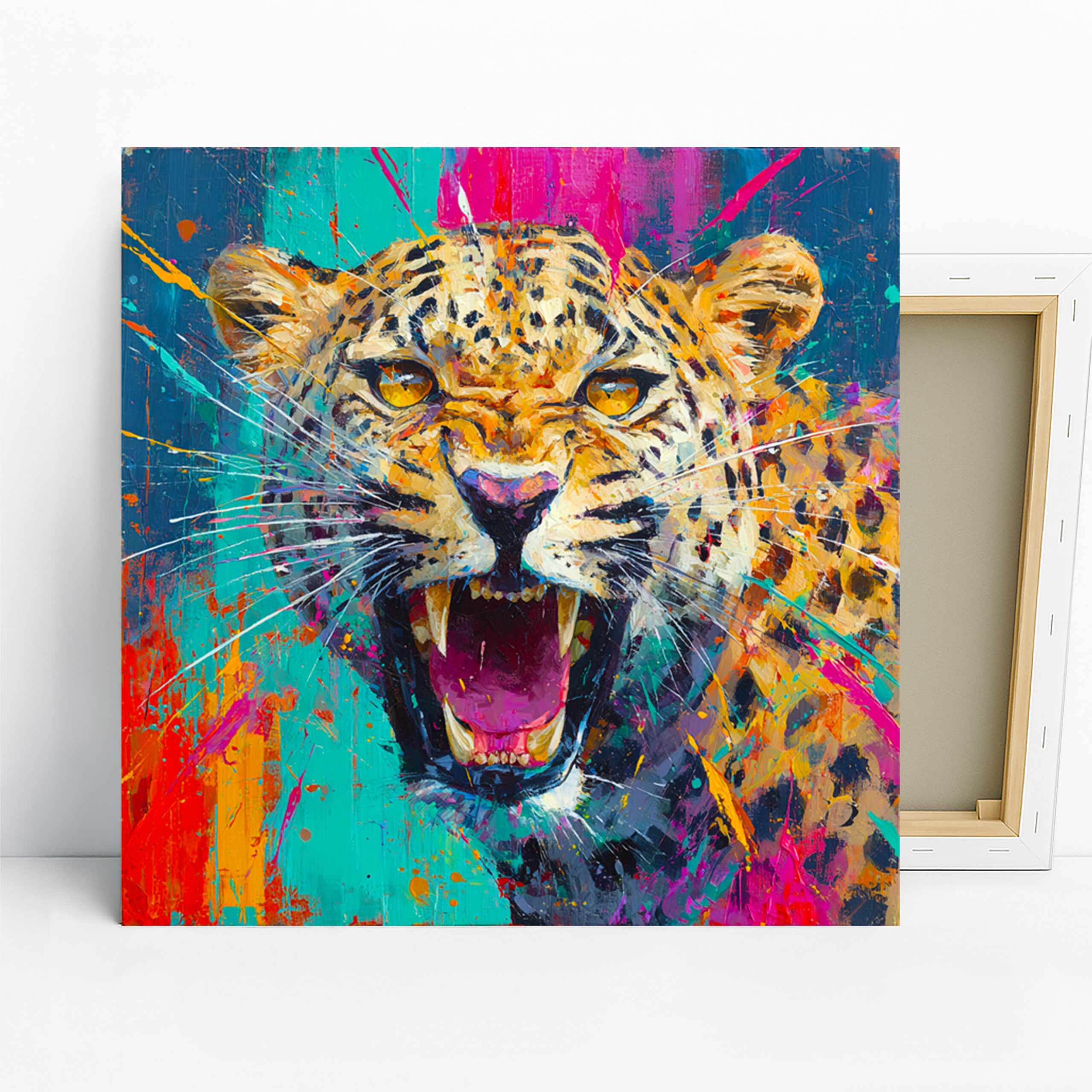 Leopard Roar Art, Canvas or Poster, Contemporary Bohemian Decor, Living Room Office Bedroom Game Room Wall Art, Yellow Turquoise Pink Orange