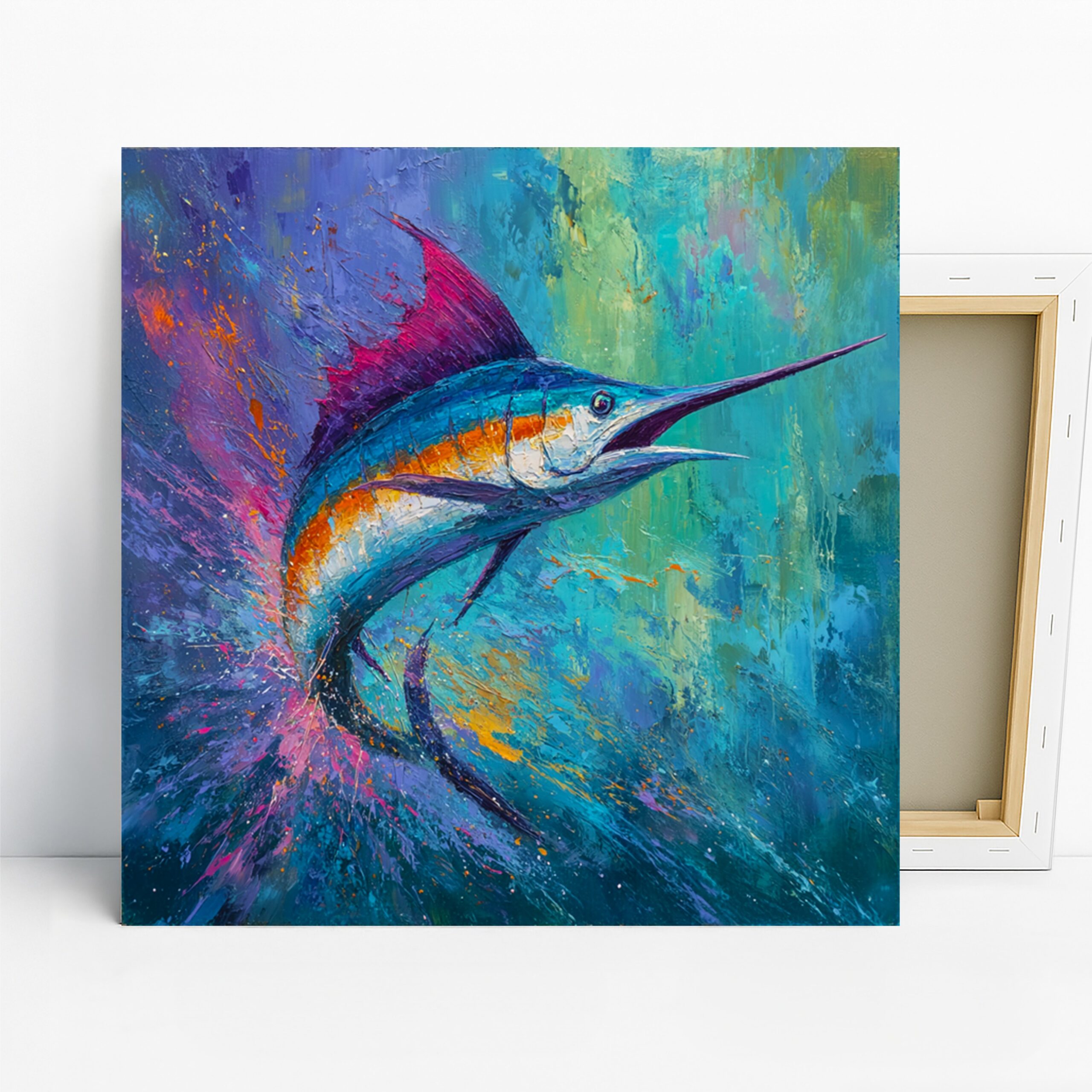 Marlin Art, Canvas or Poster, Contemporary Coastal Decor, Living Room Bedroom Bathroom Office Wall Art, Blue Turquoise Purple Orange