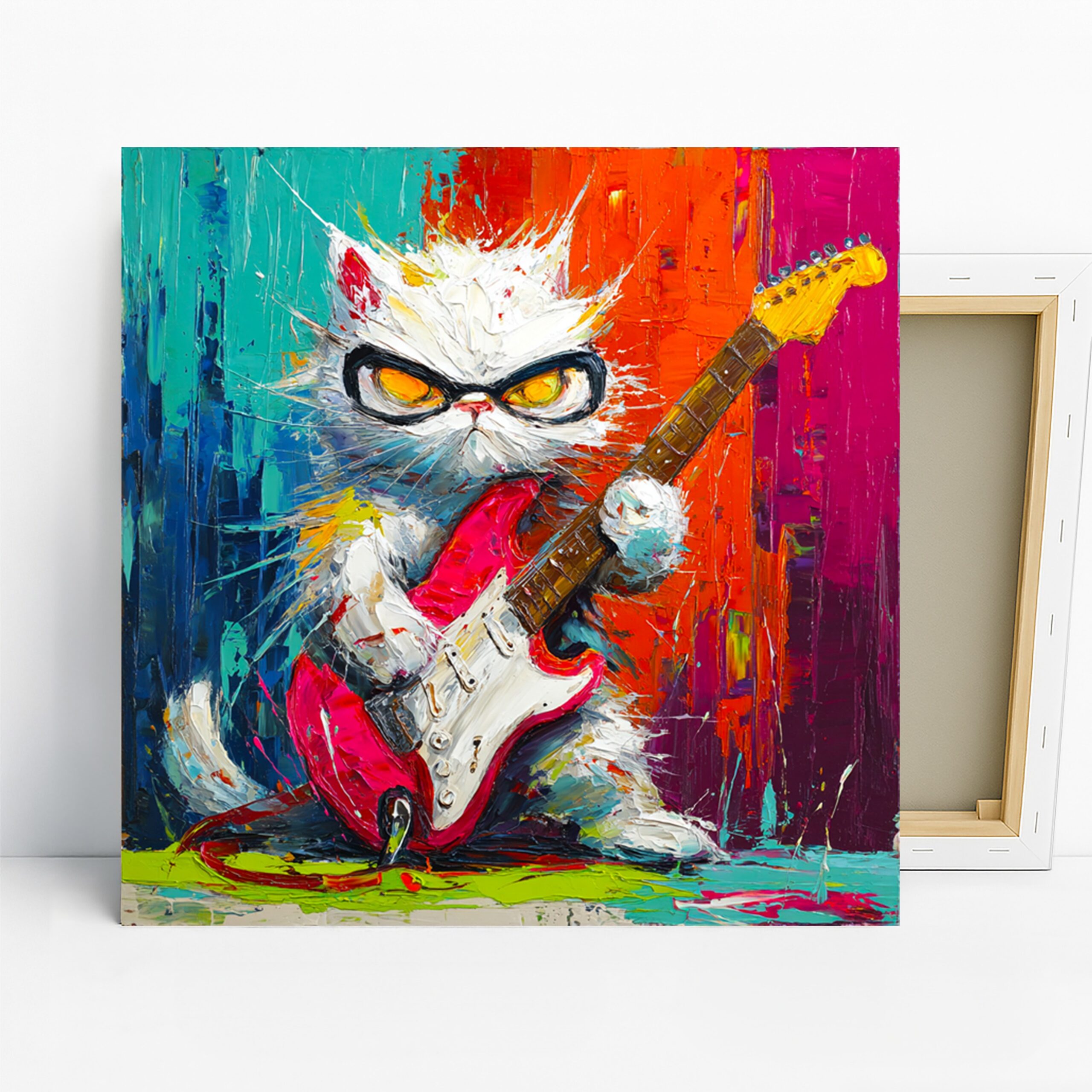 Cat Art, Canvas or Poster, Pop Art Modern Decor, Living Room Game Room Children’s Room Wall Art, Red Yellow Orange and White