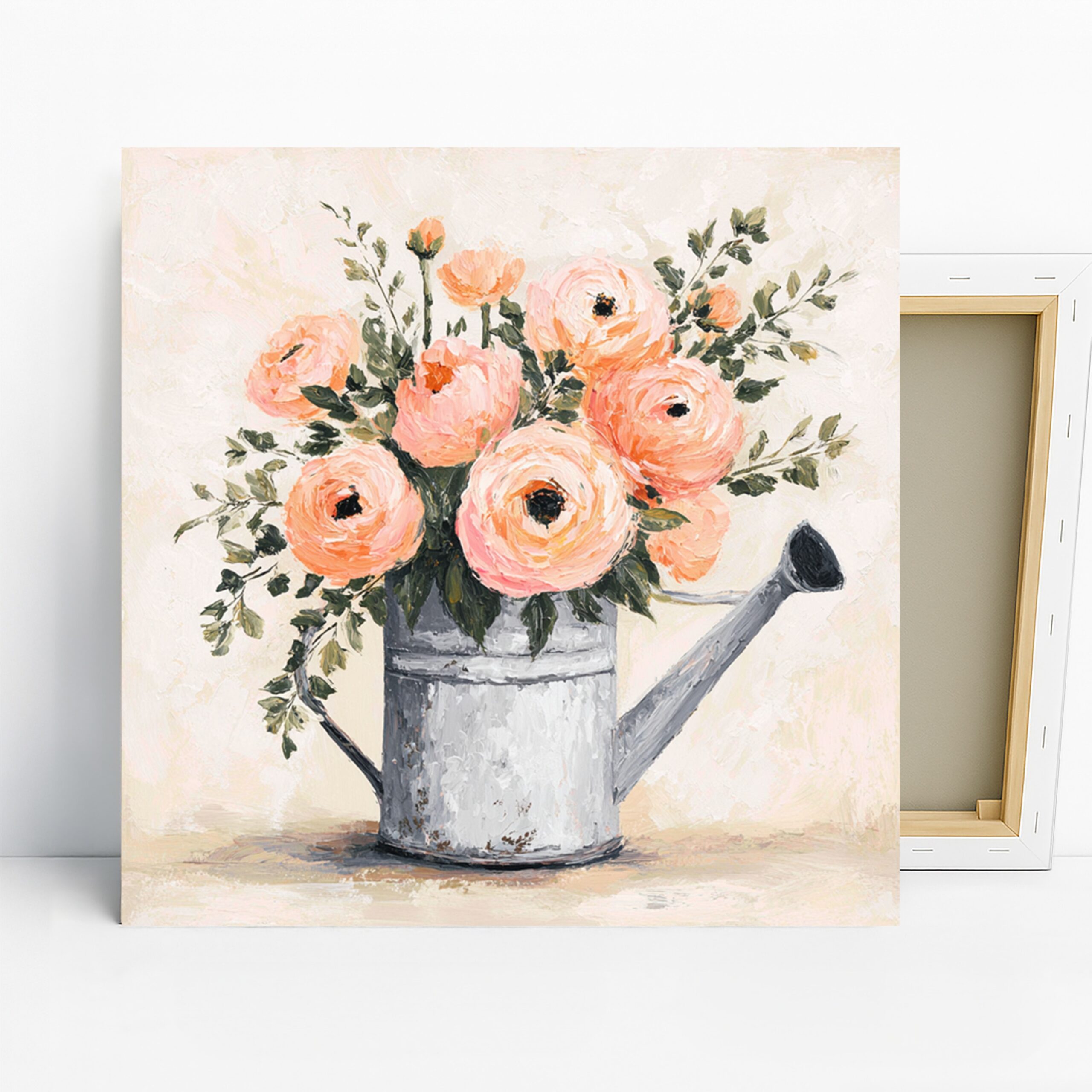 Watering Can Bouquet Art, Canvas or Poster, Vintage Floral Farmhouse Decor, Living Room Bedroom Dining Room Wall Art, Pink Green Gray White