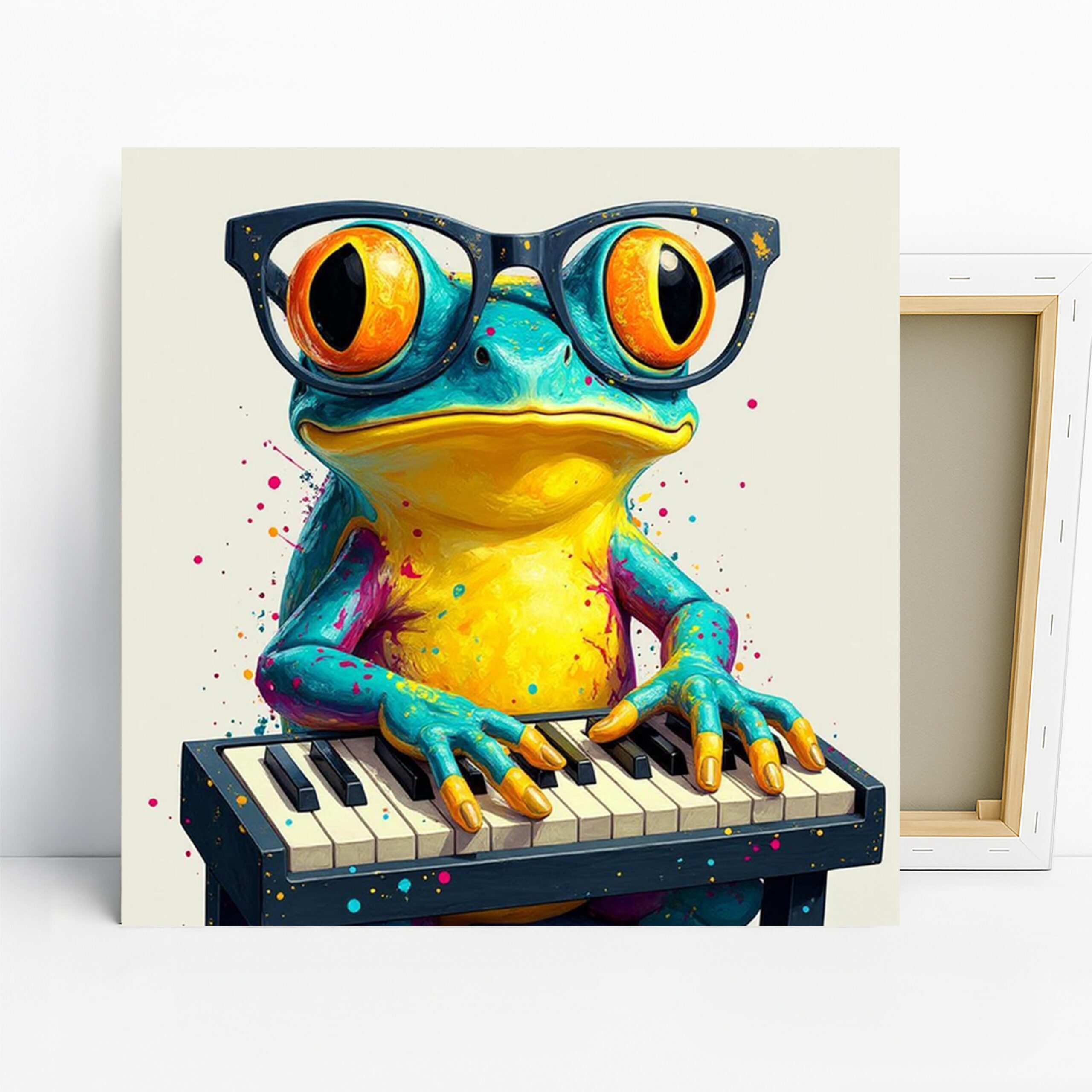 Frog Art, Canvas or Poster, Whimsical Contemporary Decor, Living Room Office Children’s Room Wall Art, Blue Yellow Orange Turquoise