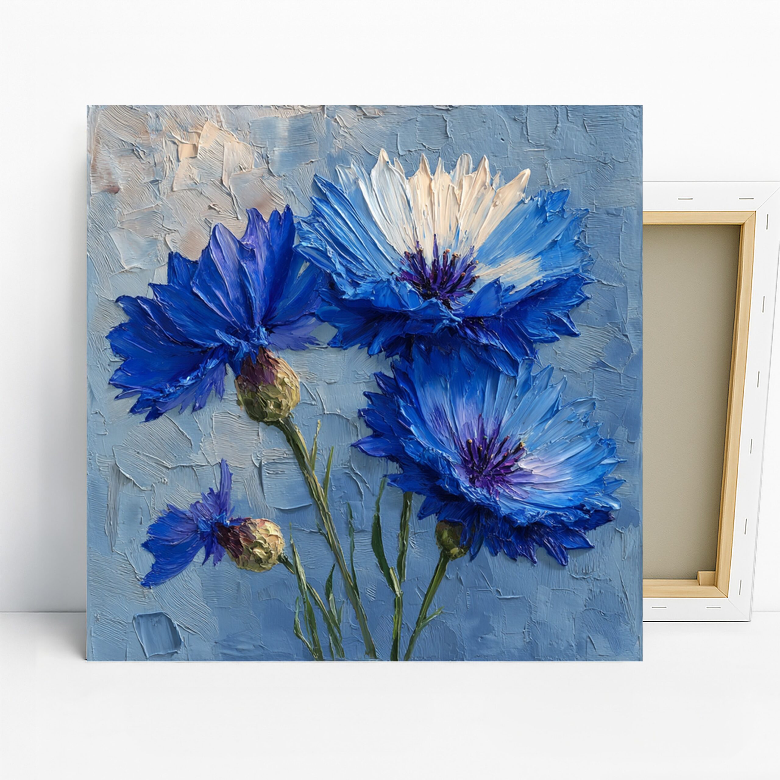 Blue Cornflower Art, Canvas or Poster, Floral Contemporary Decor, Living Room Bedroom Office Dining Wall Art, Blue White Purple Green