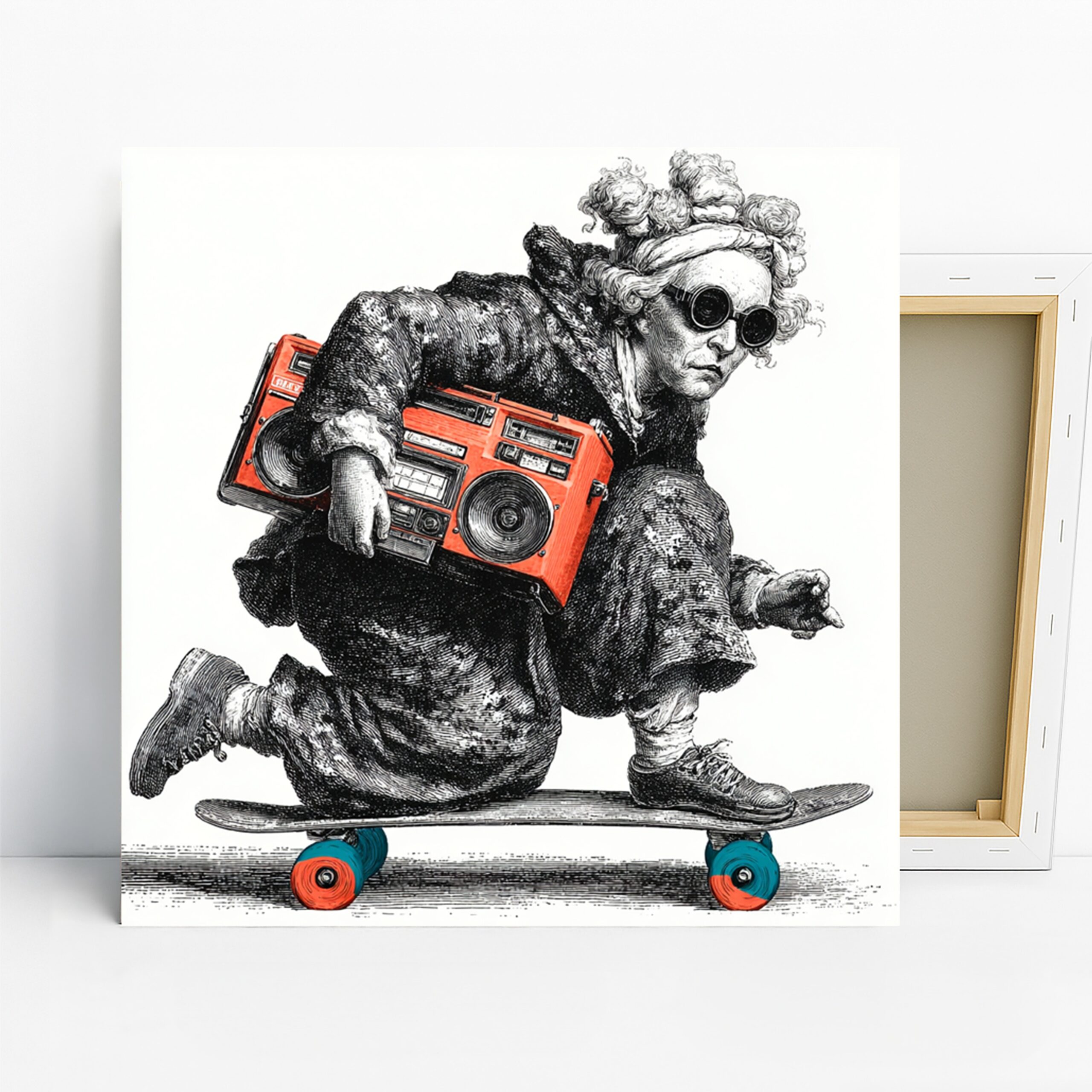 Retro Boombox Skater Art, Canvas or Poster, Pop Art Urban Decor, Living Room Game Room Bedroom Wall Art, Black White Red Orange
