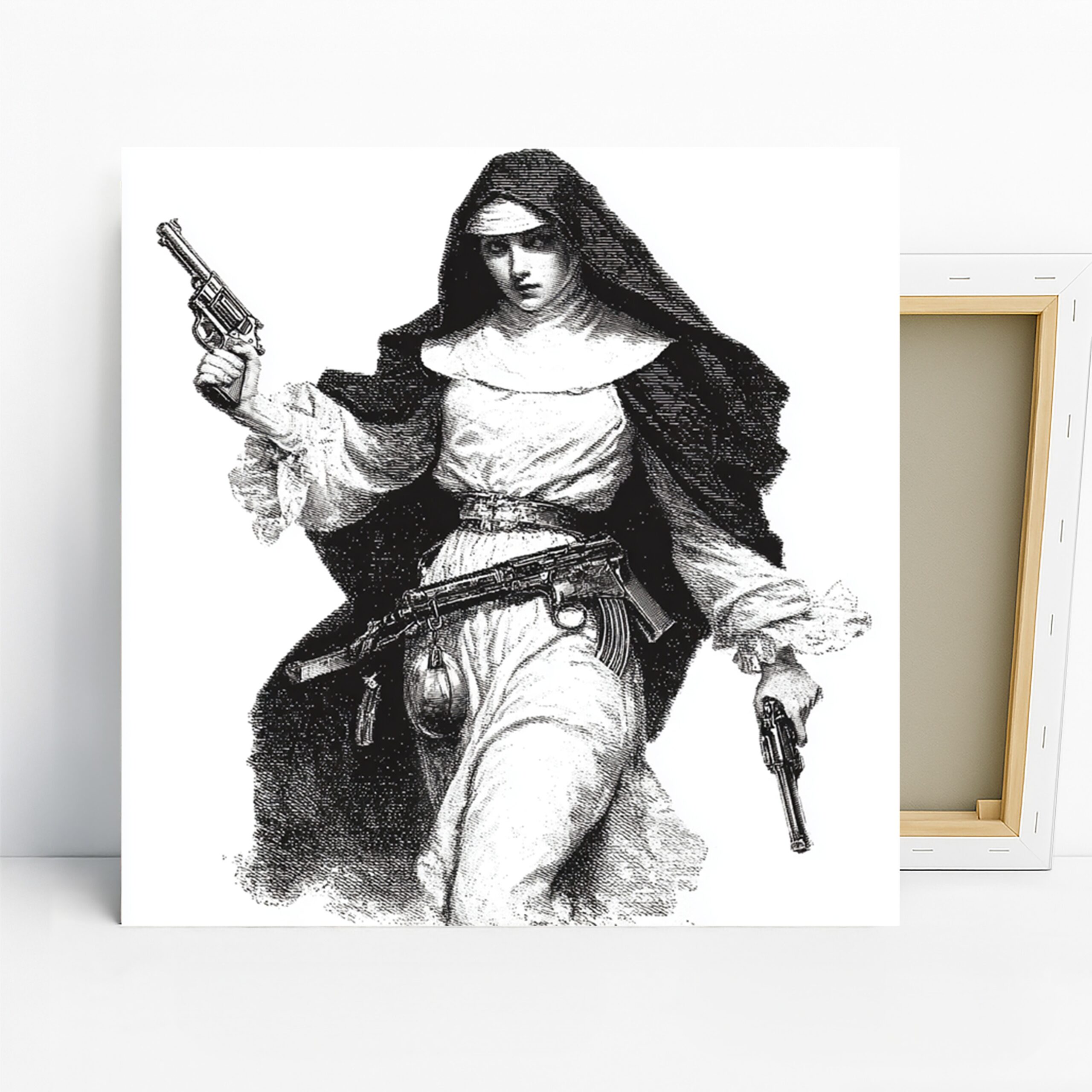 Armed Nun Art, Canvas or Poster, Vintage Gothic Decor, Living Room Office Game Room Library Wall Art, Black White Grey Statement Piece