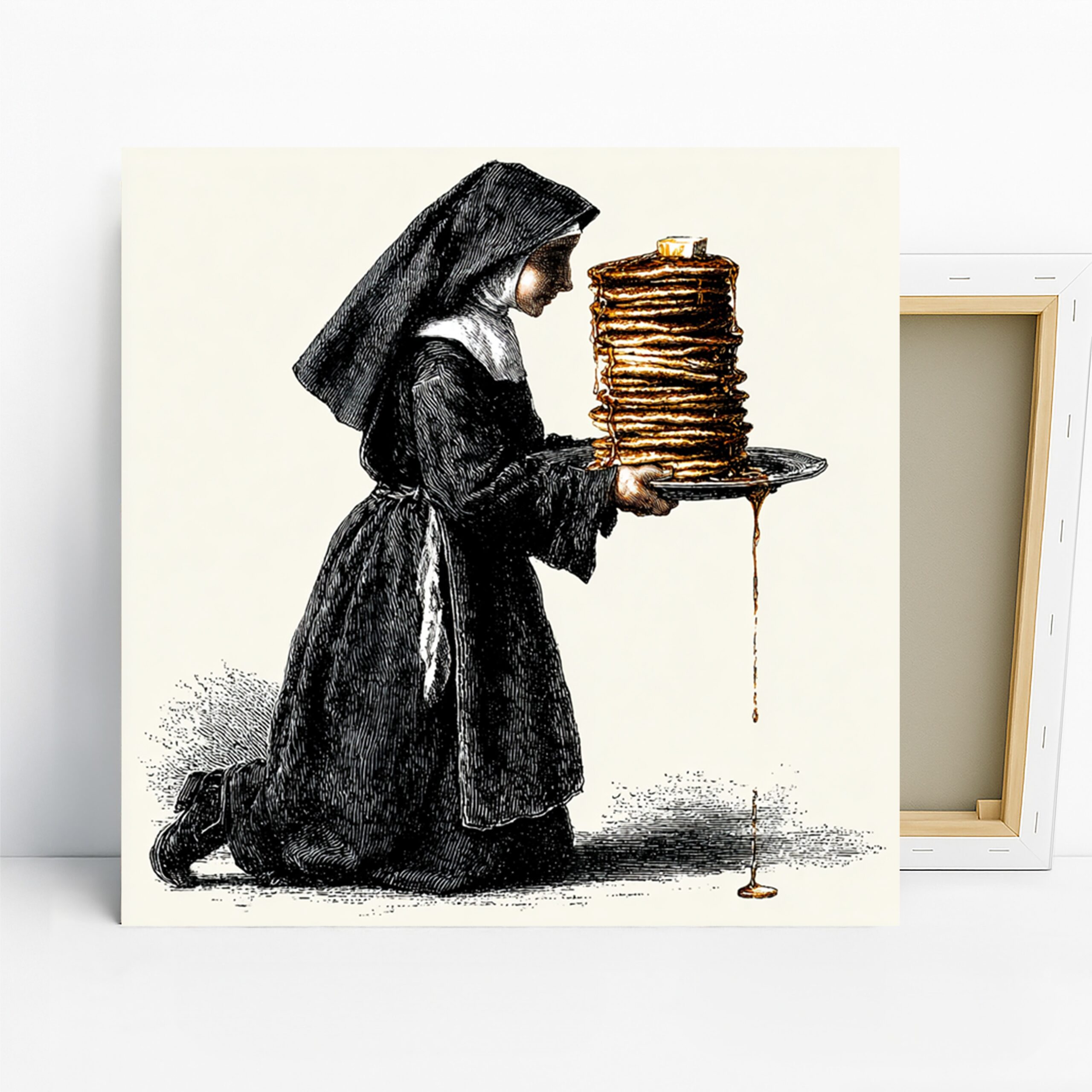 Nun with Pancakes Art, Canvas or Poster, Classic Vintage Religious Decor, Dining Room Kitchen Office Library Wall Art,Black White Gold Brown