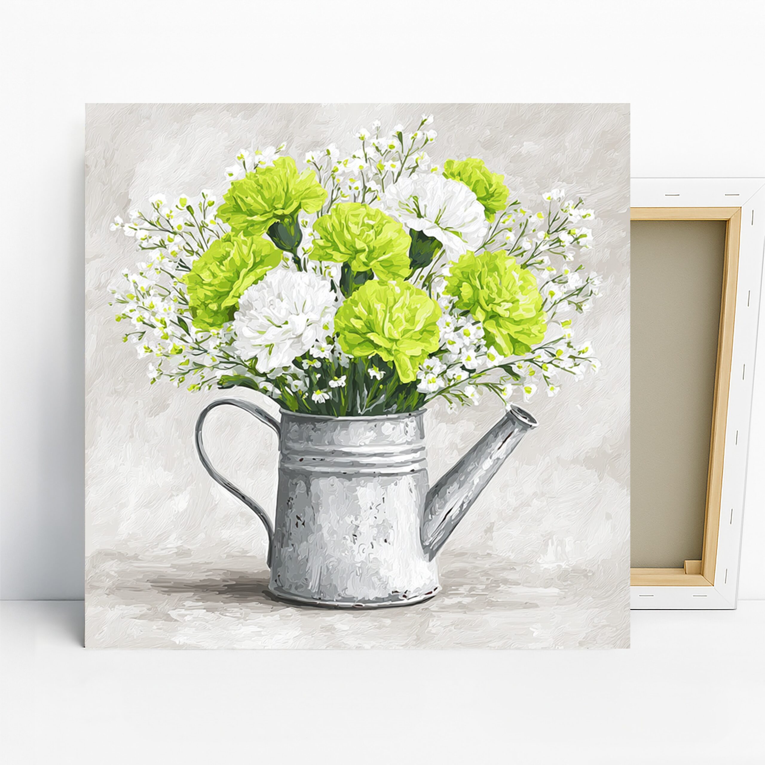 Spring Watering Can Bouquet Art, Canvas or Poster, Floral Still Life Decor, Living Room Dining Room Kitchen Wall Art, Green Grey White