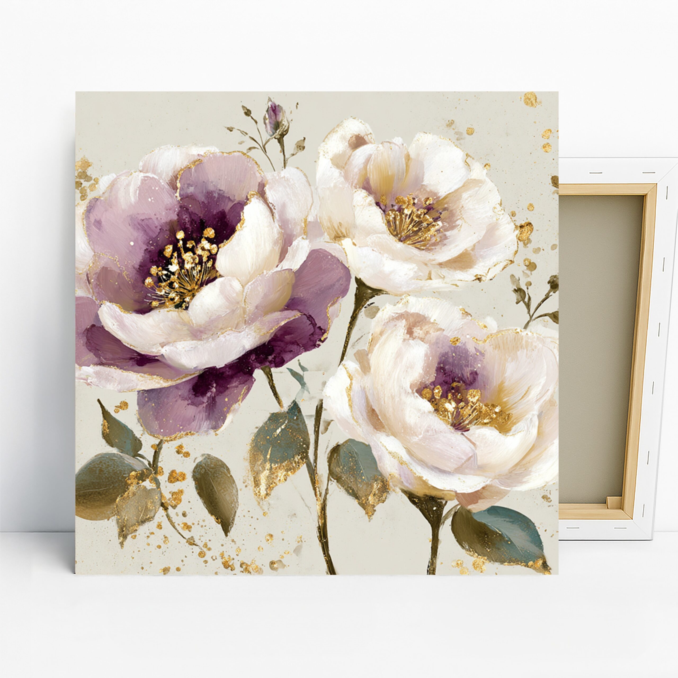 Elegant Floral Art, Canvas or Poster, Contemporary Glamorous Decor, Living Room Bedroom Dining Room Wall Art, Purple White Gold