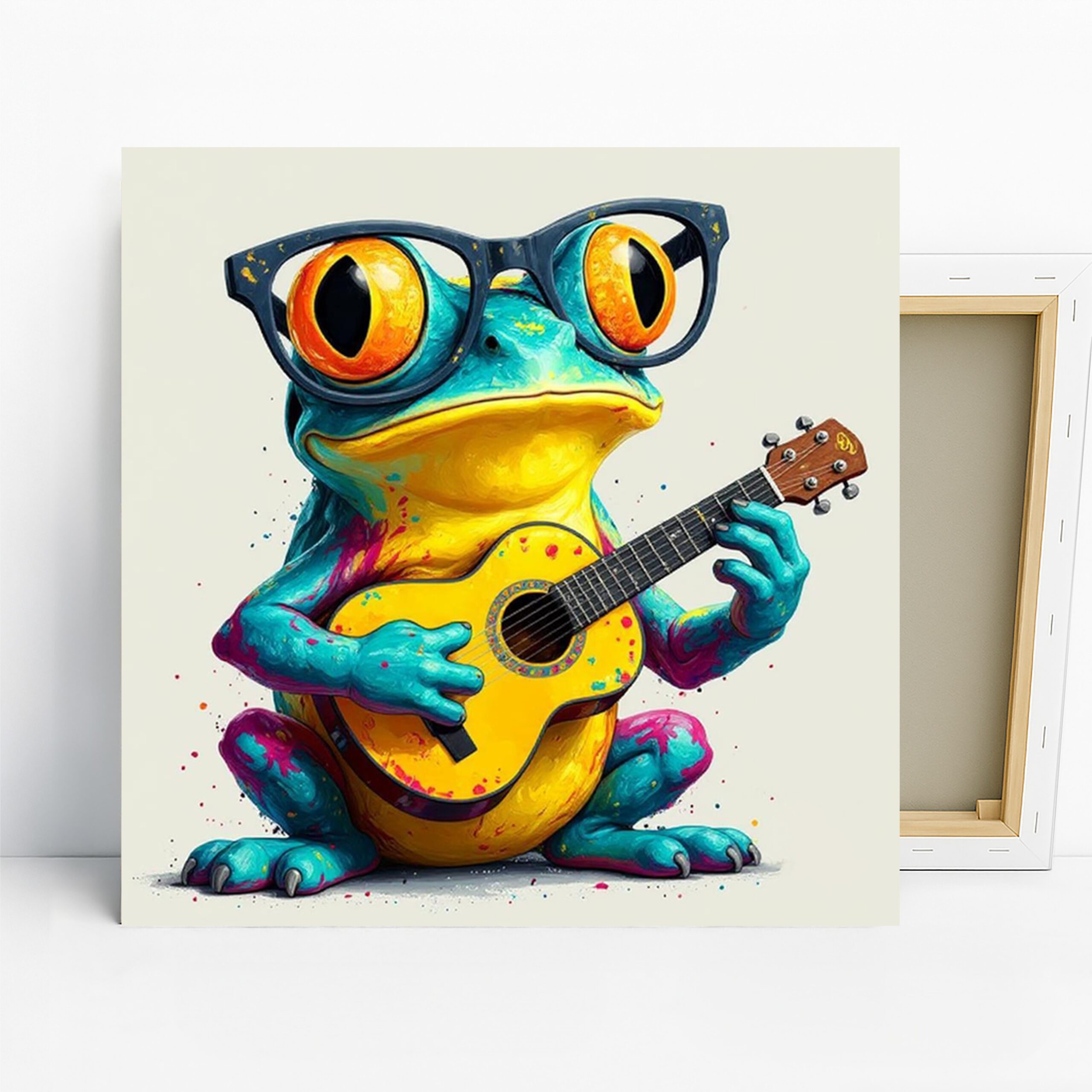 Frog Playing Guitar Art, Canvas or Poster, Whimsical Bohemian Decor, Living Room Children’s Room Office Wall Art, Blue Yellow Teal Orange