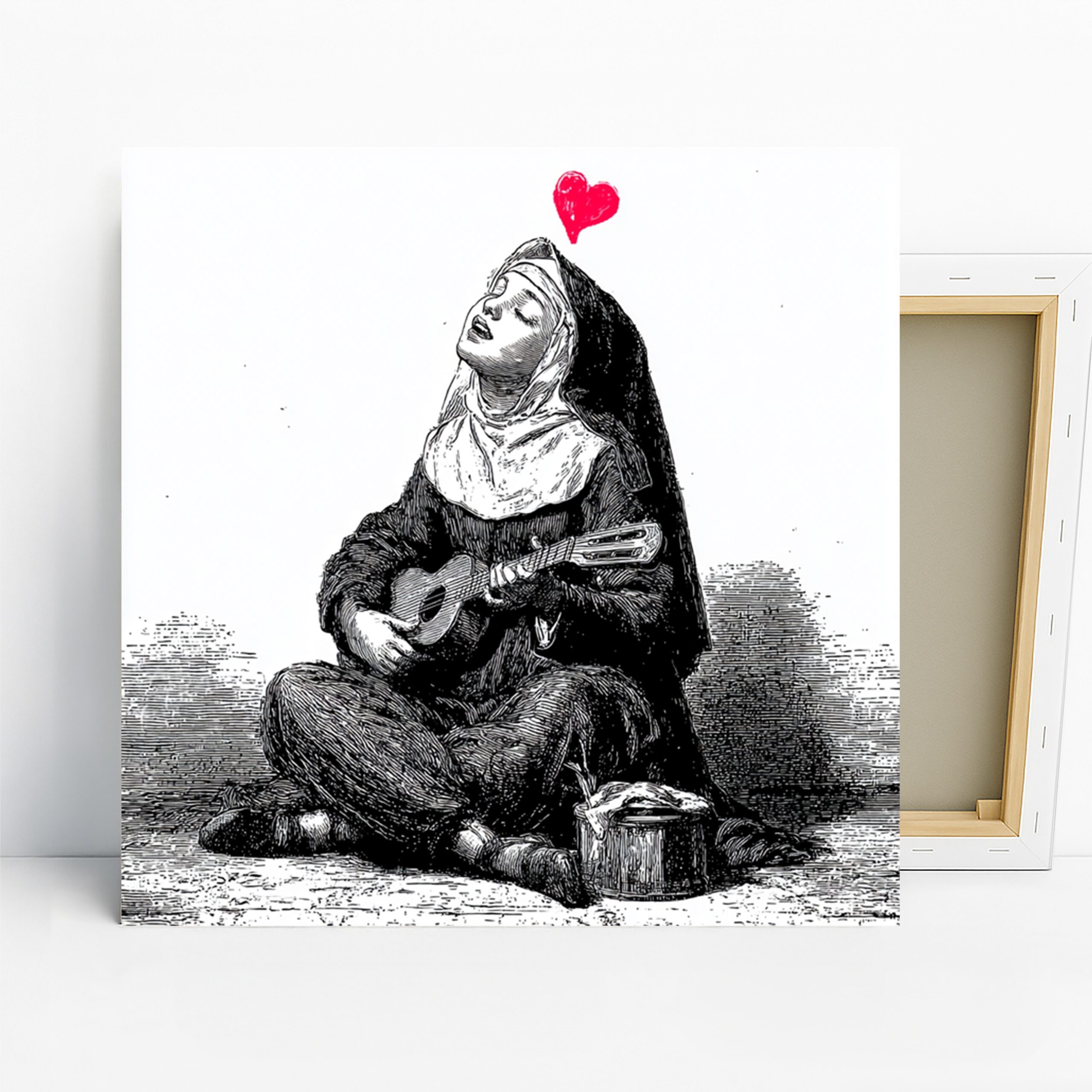 Nun with Guitar Art, Canvas or Poster, Classic Religious Vintage Decor, Living Room Bedroom Office Library Wall Art, Black White Red