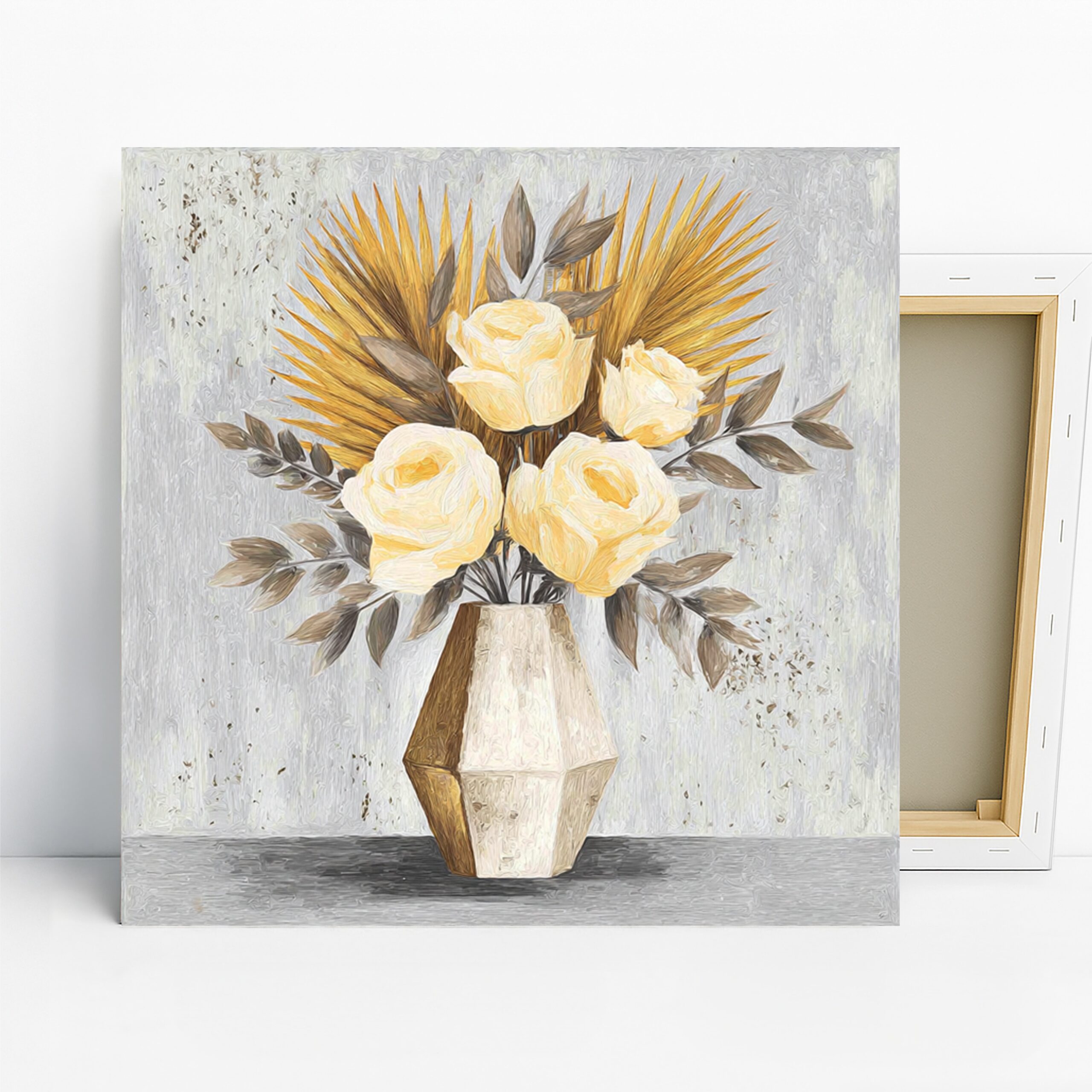 Golden Palm Roses Art, Canvas or Poster, Floral Contemporary Decor, Living Room Bedroom Dining Room Office Wall Art, Yellow White Brown Gold