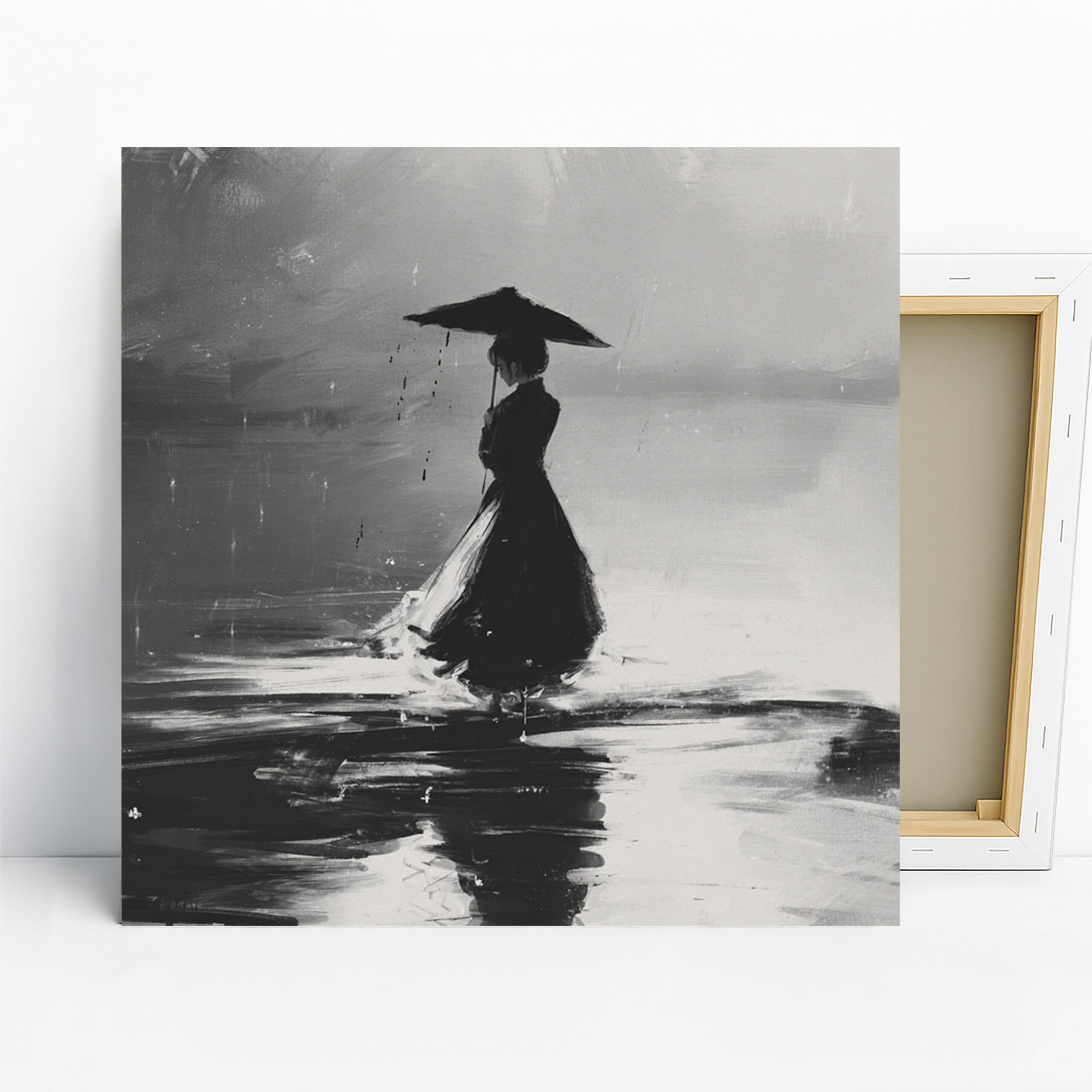 Rainy Day Silhouette Art, Canvas or Poster, Vintage Minimalist Decor, Bedroom Living Room Office Hallway Wall Art, Black White Grey