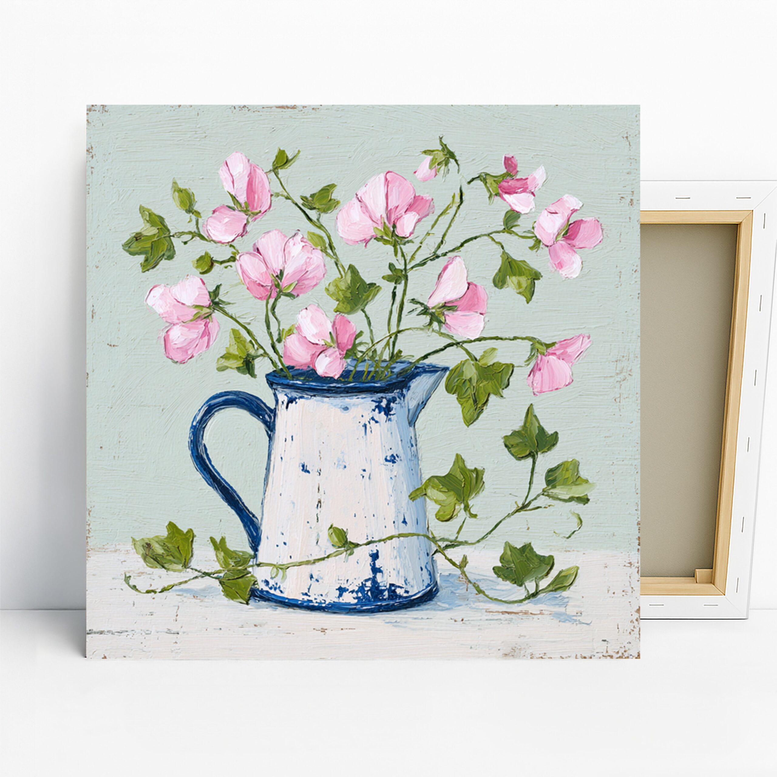 Pink Sweet Pea Flower Art, Canvas or Poster, Vintage Floral Decor, Living Room Bedroom Kitchen Wall Art, Pink Blue Green and White