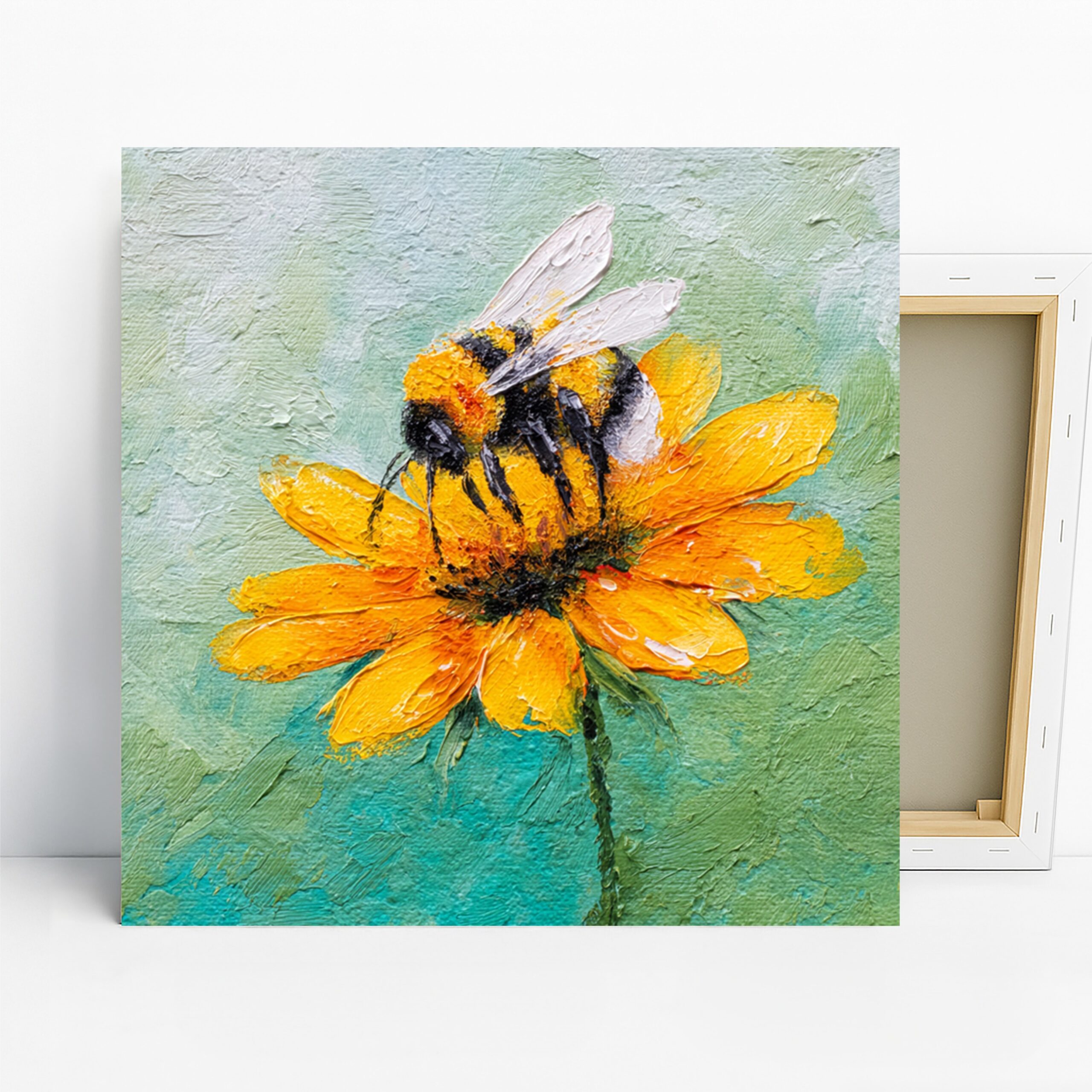 Bee Sunflower Art, Canvas or Poster, Impressionism Contemporary Decor, Living Room Bedroom Office Dining Wall Art, Yellow Orange Green Black
