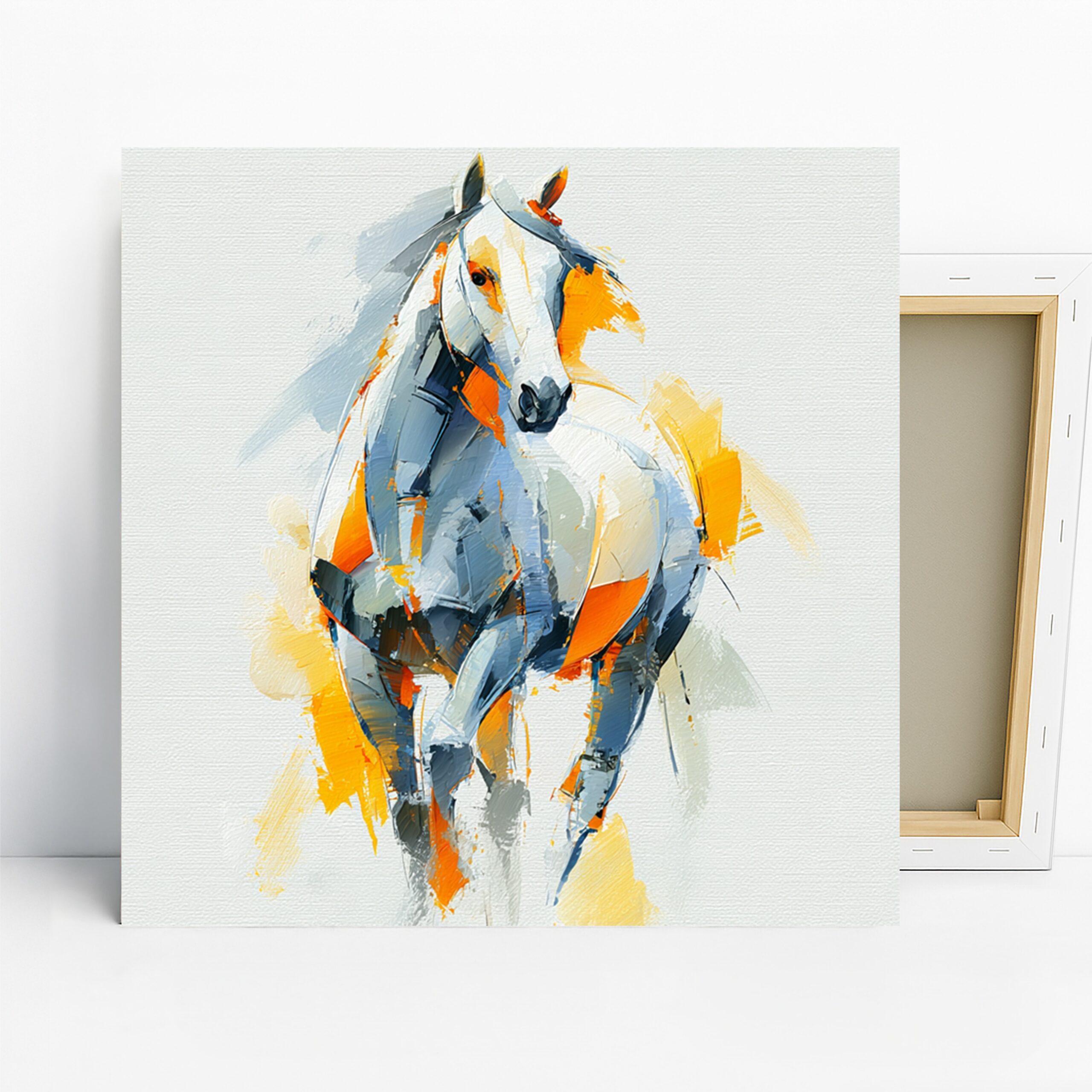 Horse Art, Canvas or Poster, Contemporary Minimalist Decor, Living Room Bedroom Office Wall Art, White Orange Blue and Grey