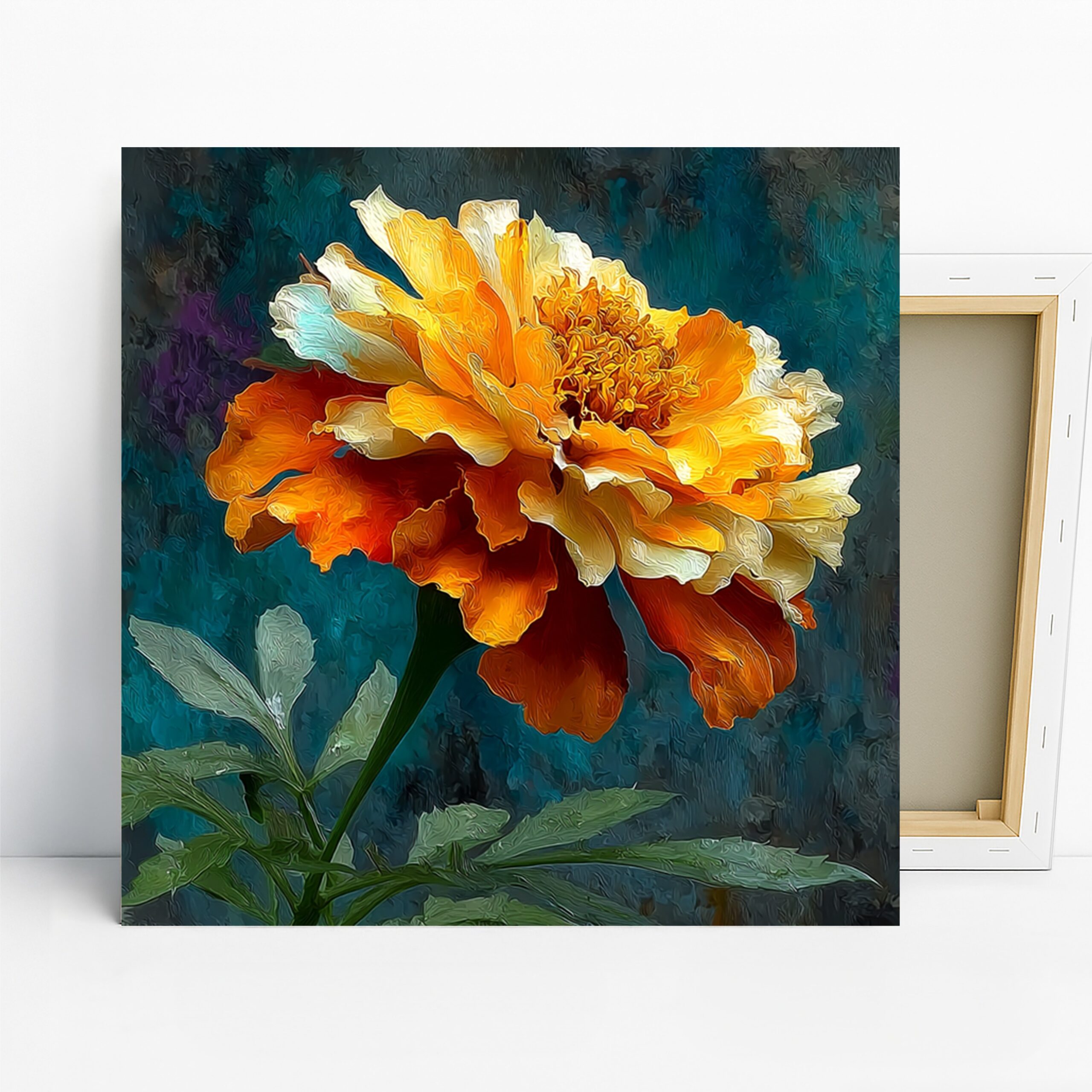 Marigold Art, Canvas or Poster, Floral Impressionism Decor, Living Room Bedroom Office Wall Art, Orange Yellow Teal and Green