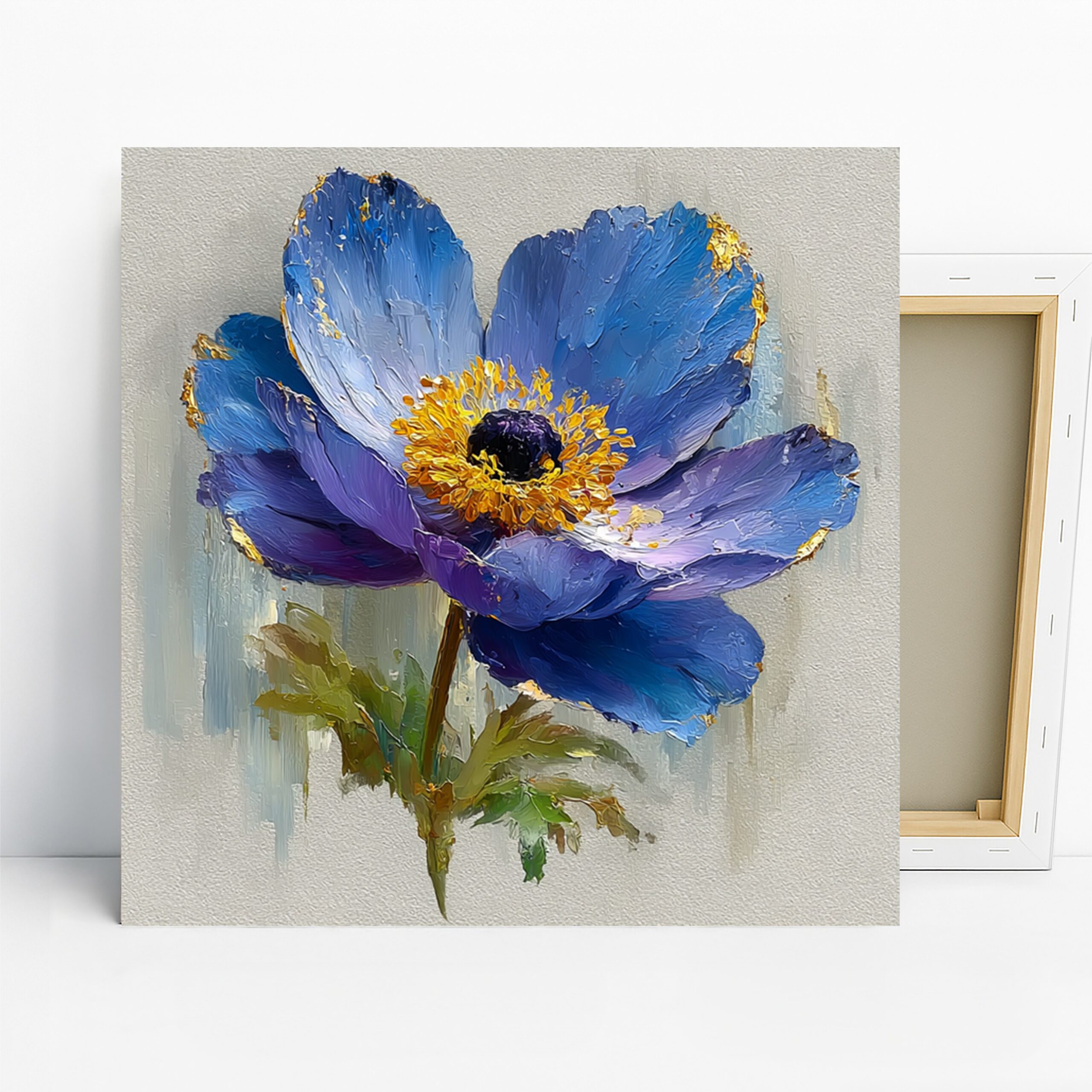 Blue Anemone Flower Art, Canvas or Poster, Floral Impressionism Decor, Living Room Bedroom Office Wall Art, Blue Purple Yellow Green
