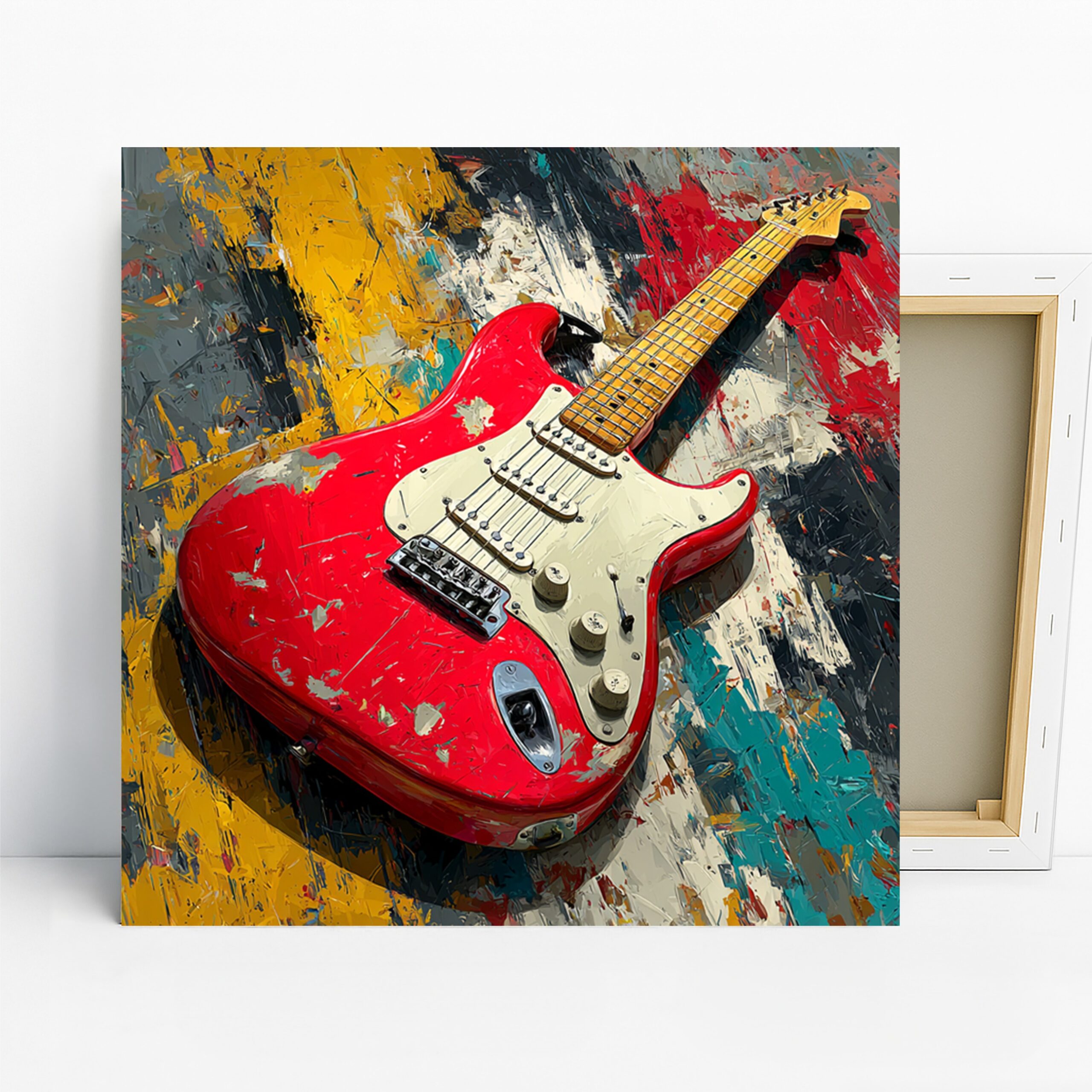 Electric Guitar Art, Canvas or Poster, Music Contemporary Decor, Living Room Game Room Office Wall Art, Red White Yellow Black