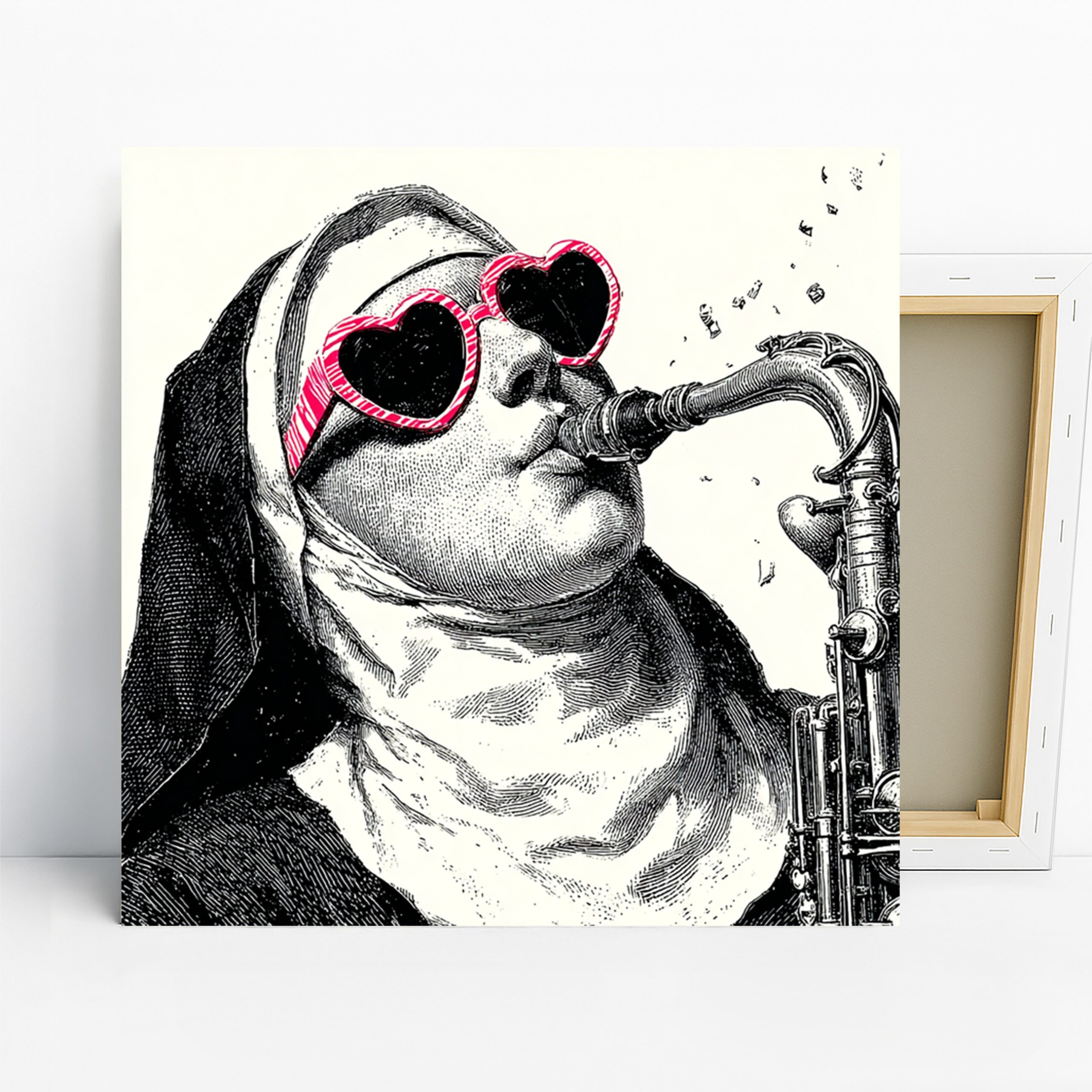Jazz Nun Art, Canvas or Poster, Surrealism Pop Contemporary Decor, Living Room Office Bedroom Music Room Wall Art, Black Pink White