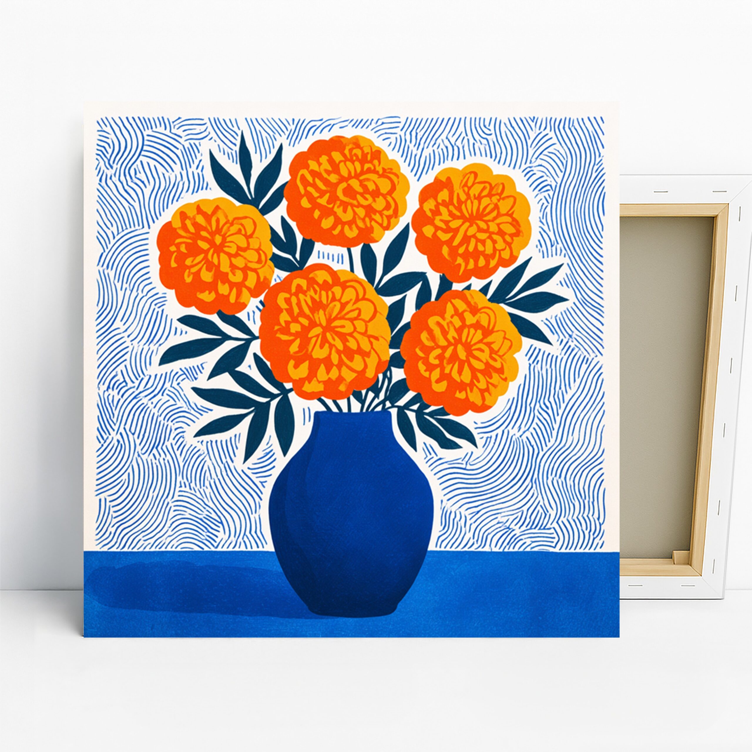 Marigold Bouquet Art, Canvas or Poster, Floral Contemporary Decor, Living Room Office Bedroom Wall Art, Orange Blue Navy and White