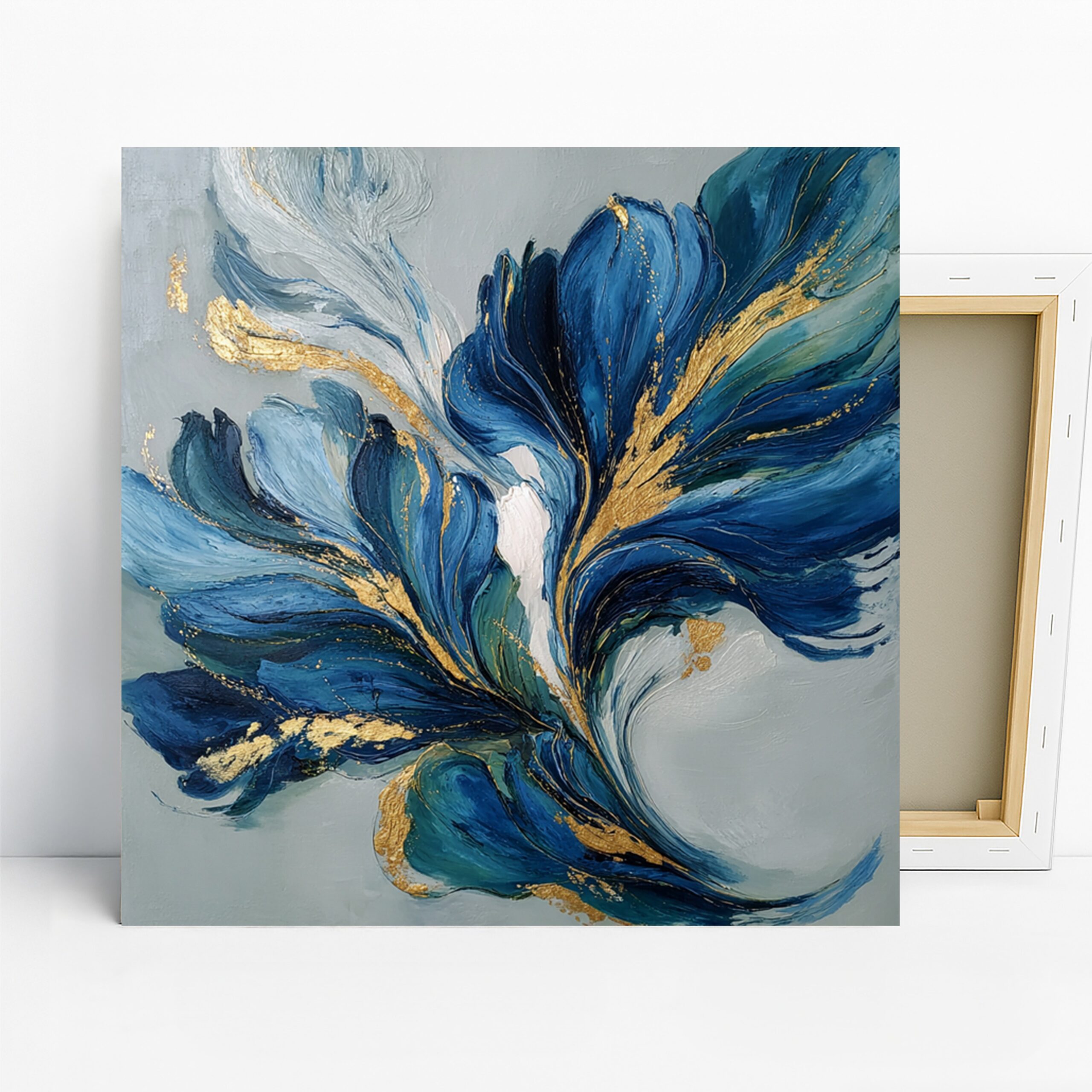 Blue Bloom Burst Art, Canvas or Poster, Abstract Contemporary Decor, Living Room Office Bedroom Wall Art, Blue Gold Teal and White