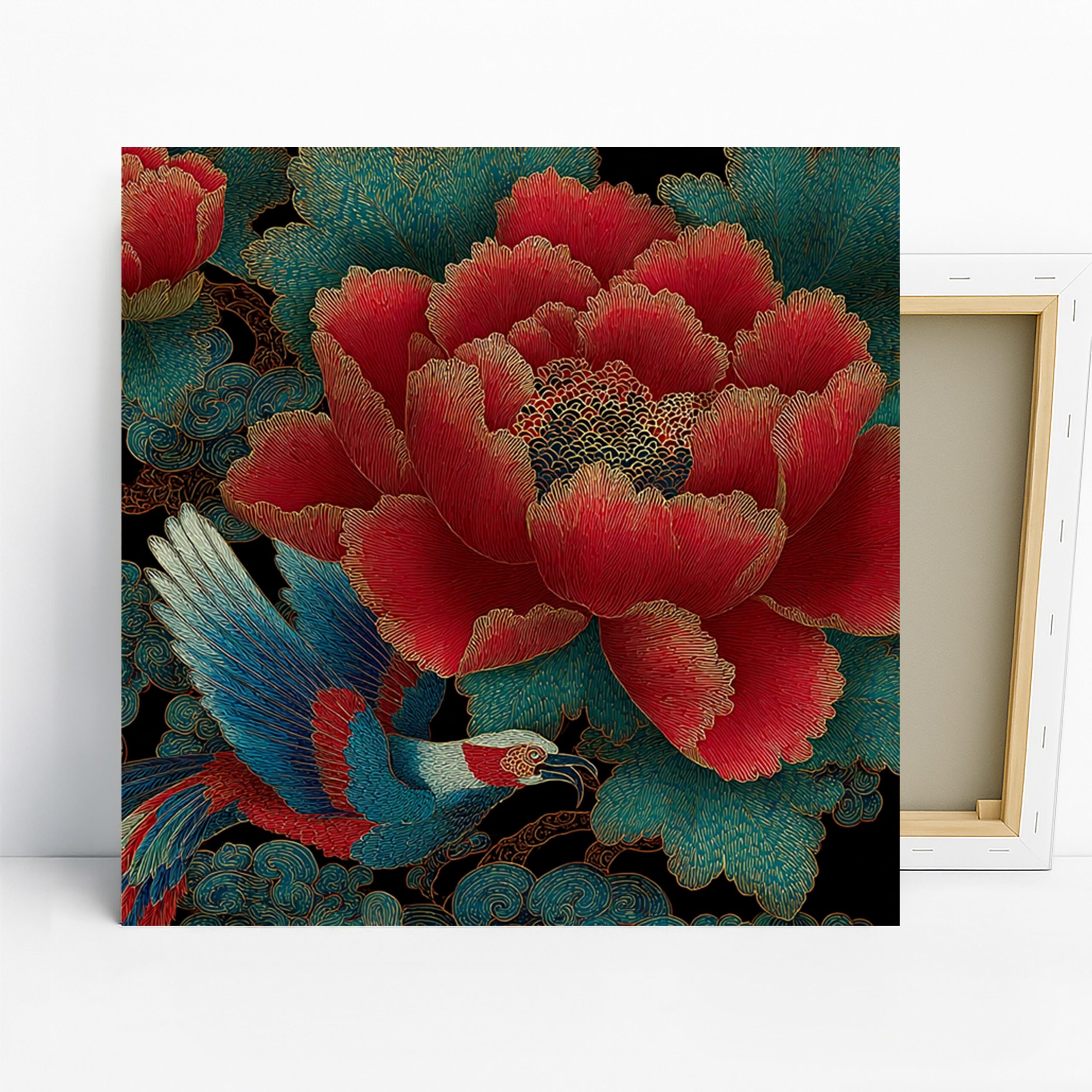 Red Peony Bird Art, Canvas or Poster, Contemporary Floral Decor, Living Room Bedroom Office Wall Art, Red Teal Blue Gold Accents