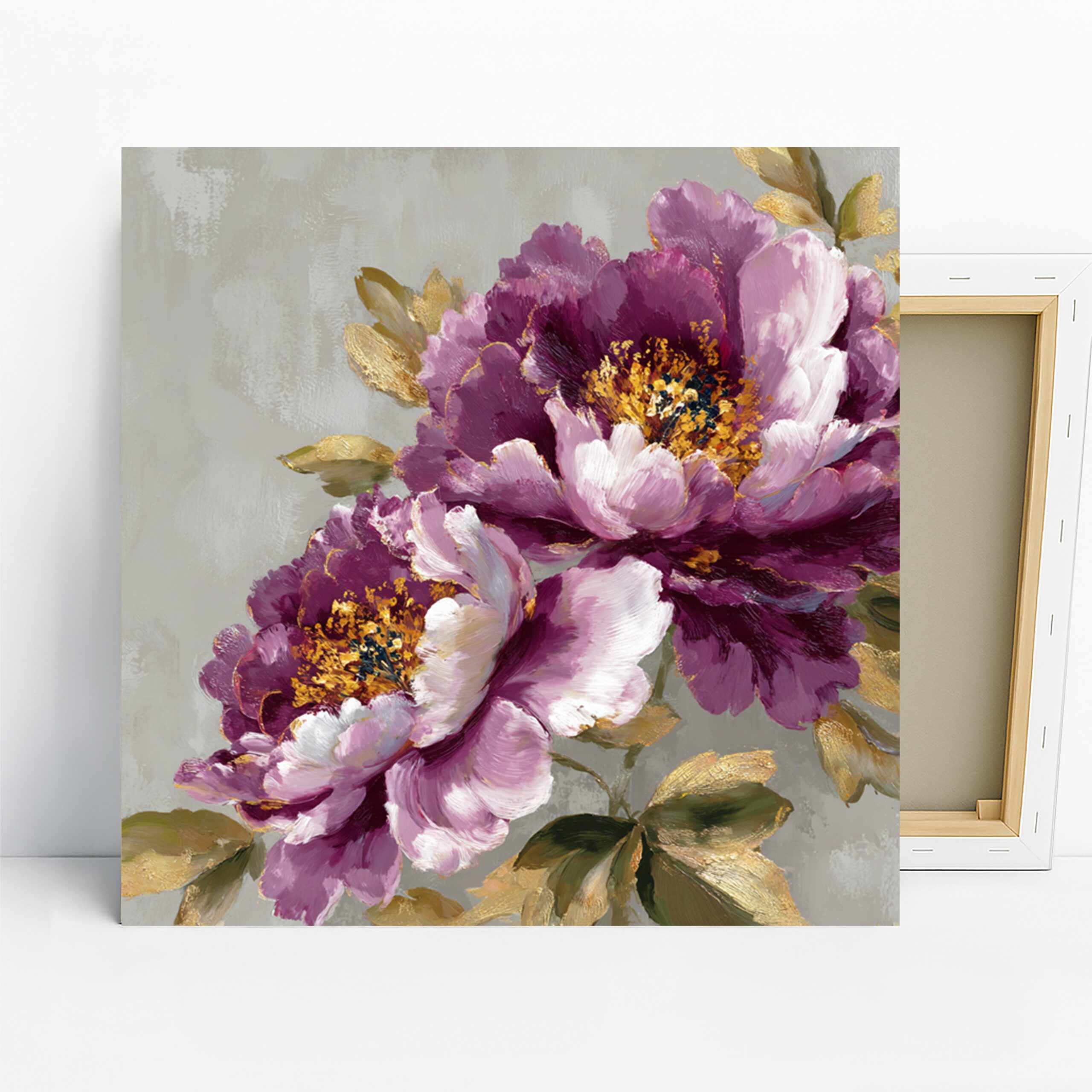Peony Art, Canvas or Poster, Floral Nature Decor, Living Room Bedroom Dining Room Office Wall Art, Purple Pink Gold and White