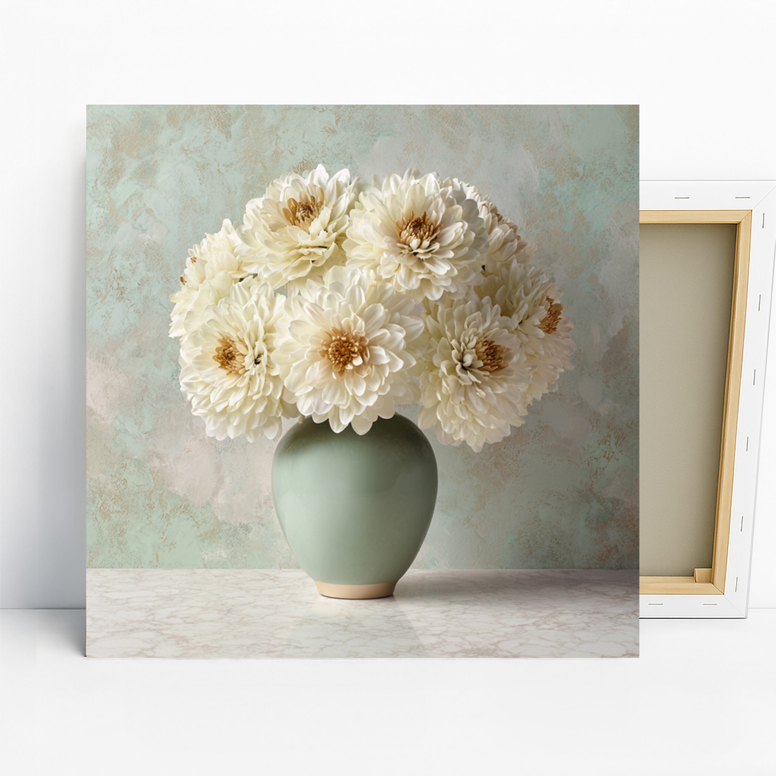 White Dahlia Bouquet Art, Canvas or Poster, Floral Classic Decor, Living Room Bedroom Dining Room Wall Art, White Green Beige, Floral Decor